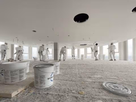 Baswa ceilings K-Rogge To install the Baswa acoustic ceilings, a full-area scaffold is erected throughout the room so that the specialists from K-Rogge can work without ladders.