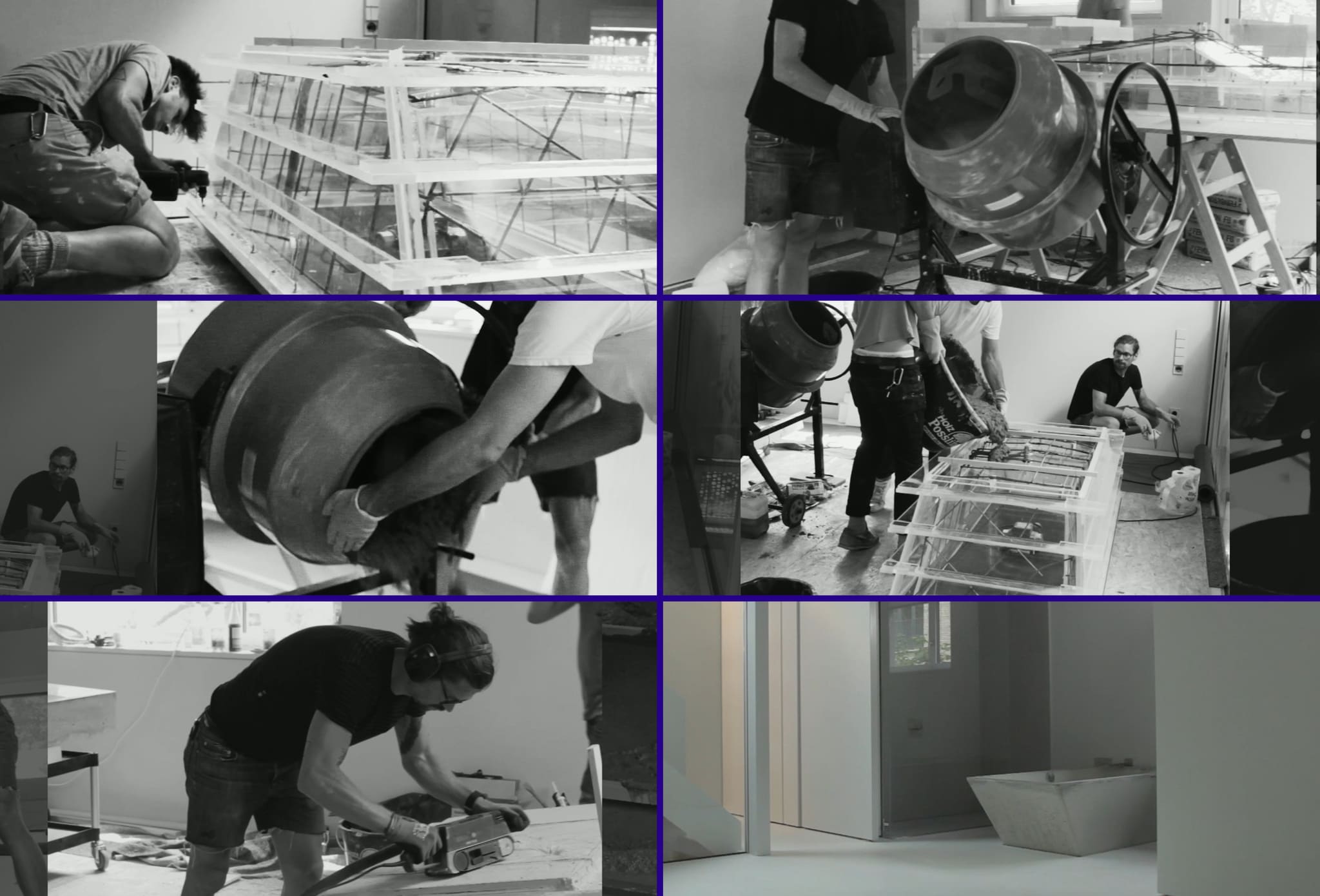 Bildtafel mit sechs Schwarzweißfotos von der Baustelle: Schalungsbau aus Acrylglas, Betonmischer, Einbringen des Betons, Schleifarbeiten