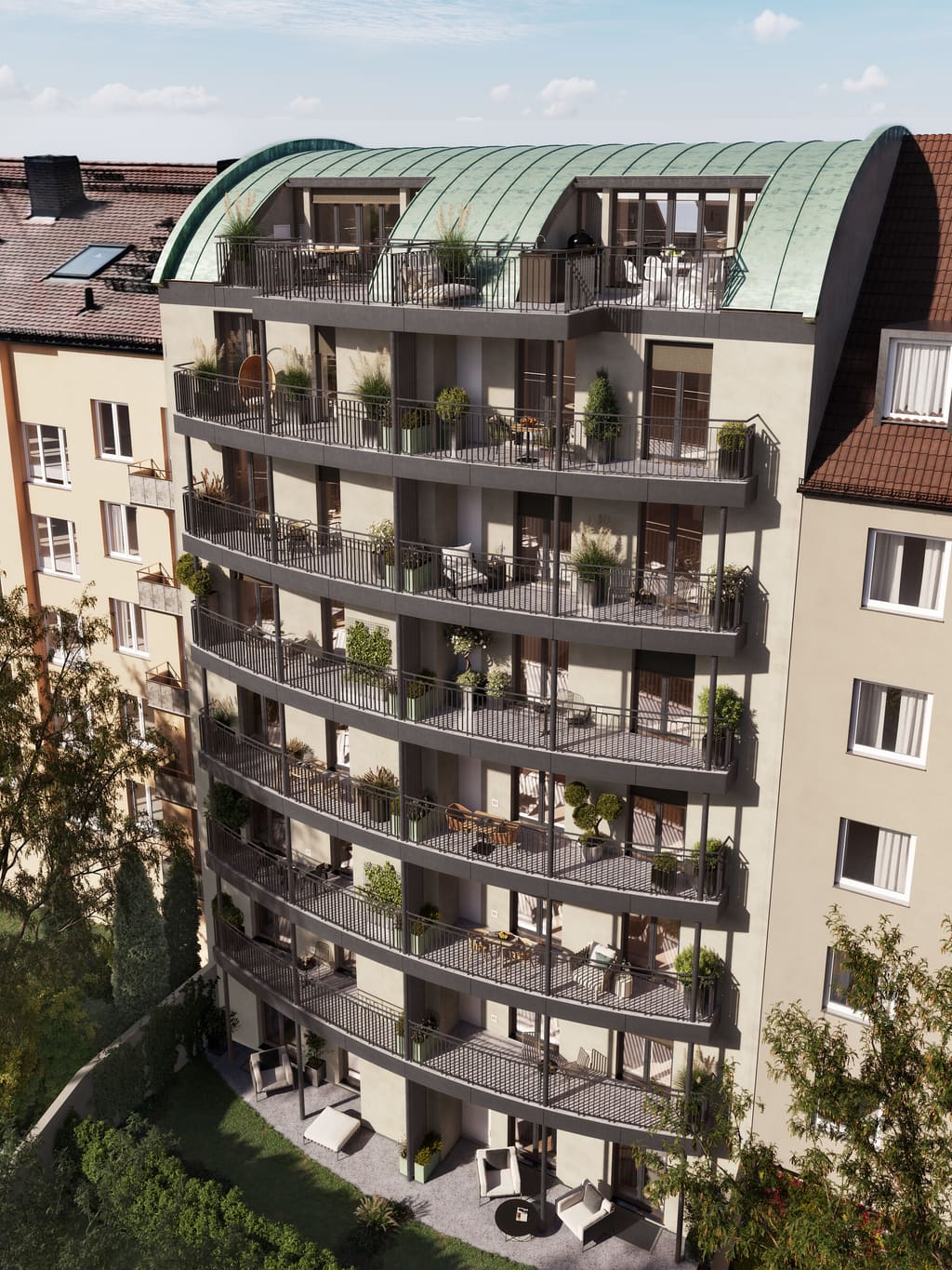 Visualisierung der Hofseite: gerundete Balkone mit Pflanzen und patinagrünes Tonnendach