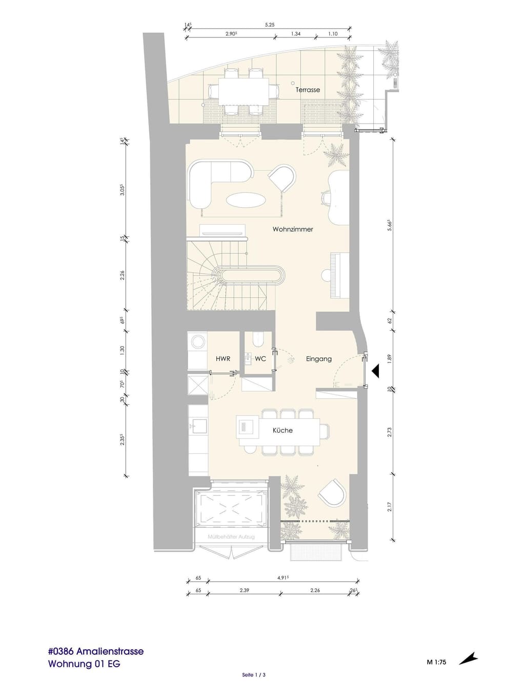 Überarbeiteter Exposé-Grundriss der Maisonette im Erdgeschoss mit Möblierung