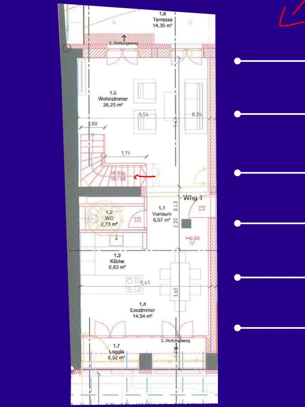 Genehmigter Grundriss der Maisonette im Erdgeschoss mit roten Anmerkungen von OOW