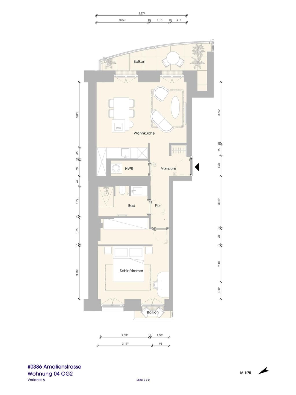 Überarbeiteter Exposé-Grundriss der 2-Zimmer-Wohnung mit Hauswirtschaftsraum und Gäste-WC