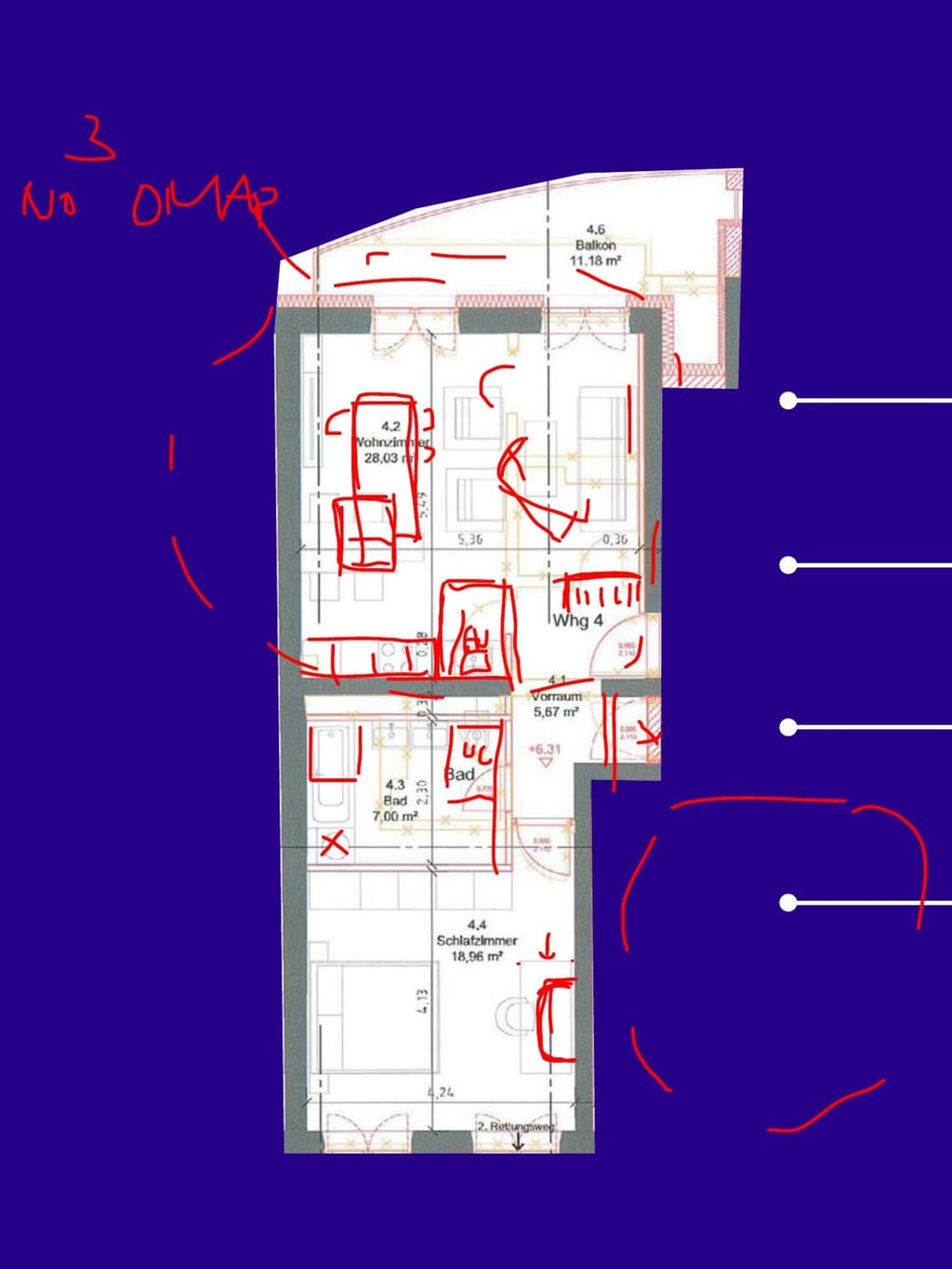 Genehmigter Grundriss einer 2-Zimmer-Wohnung im 2. Obergeschoss mit roten Anmerkungen von OOW