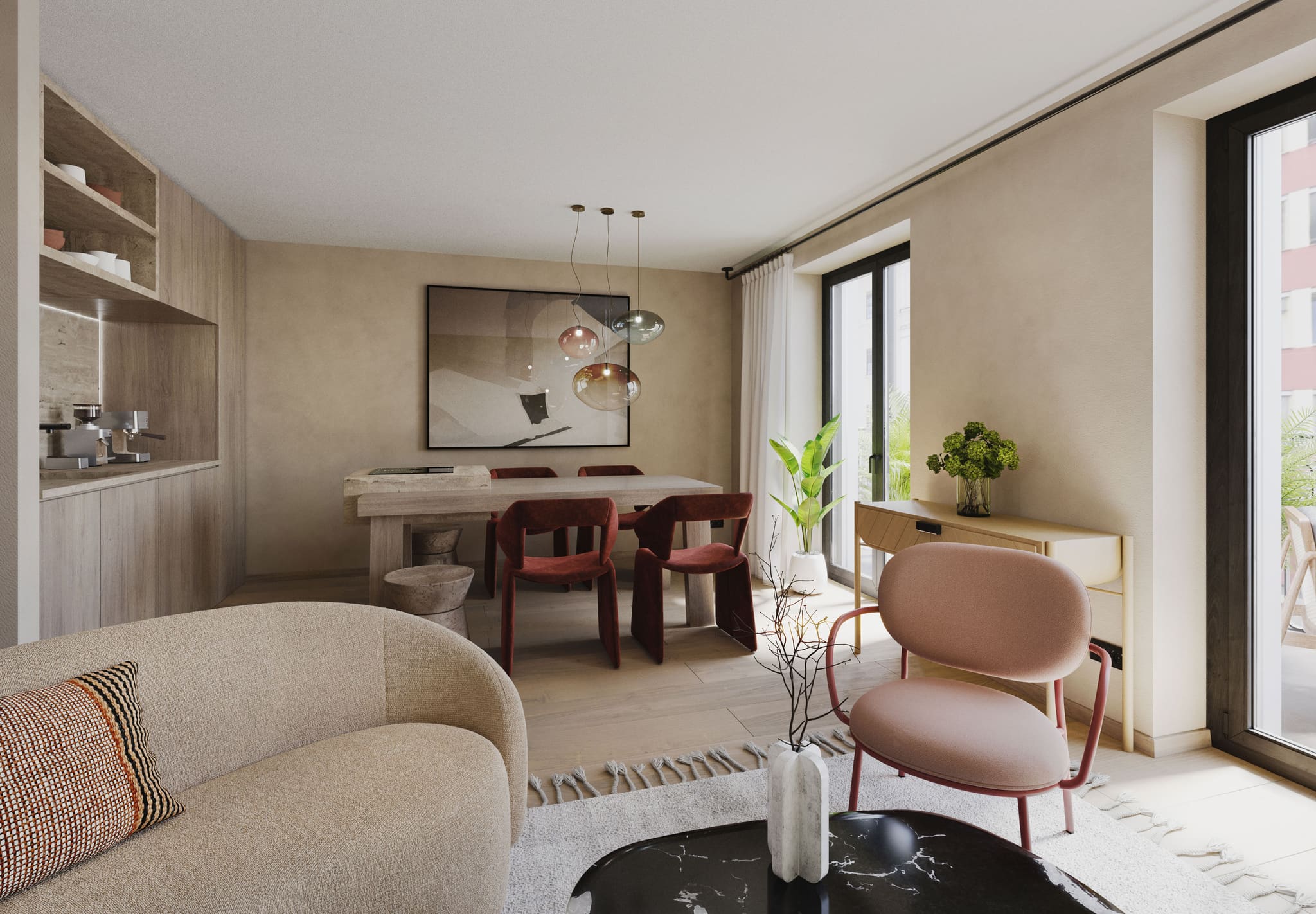 Wohnraum einer 2-Zimmer-Wohnung mit rundem Sofa, rosa Sessel, Essplatz und Regalnische