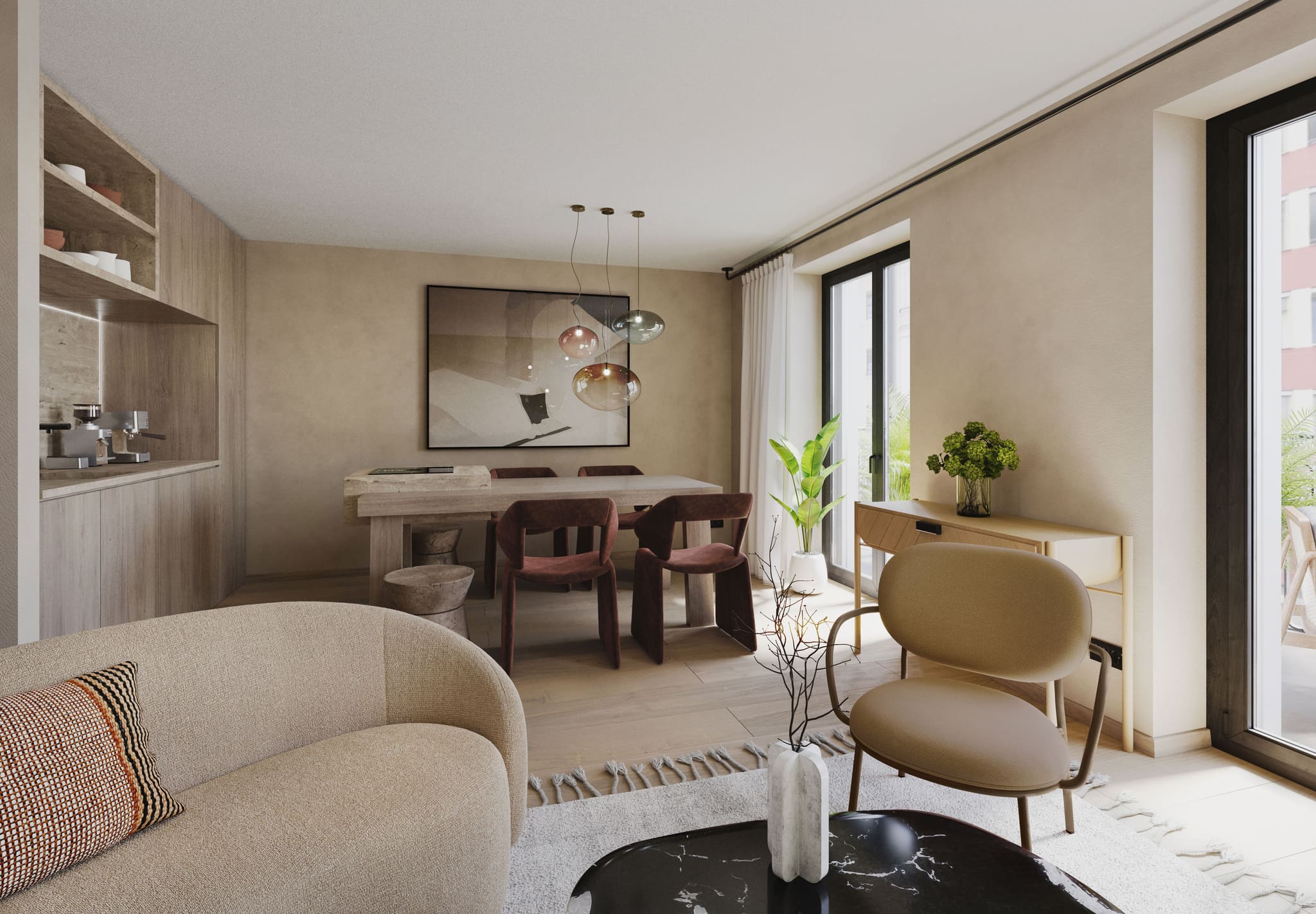 Wohnraum der 2-Zimmer-Wohnung in einer Variante mit hellem Sessel