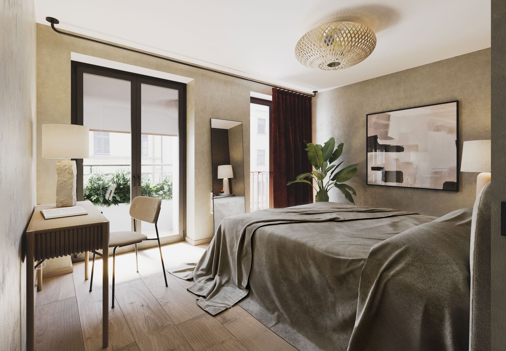 Schlafzimmer mit Bett, Schreibtisch am Fenster und Bild an der Wand