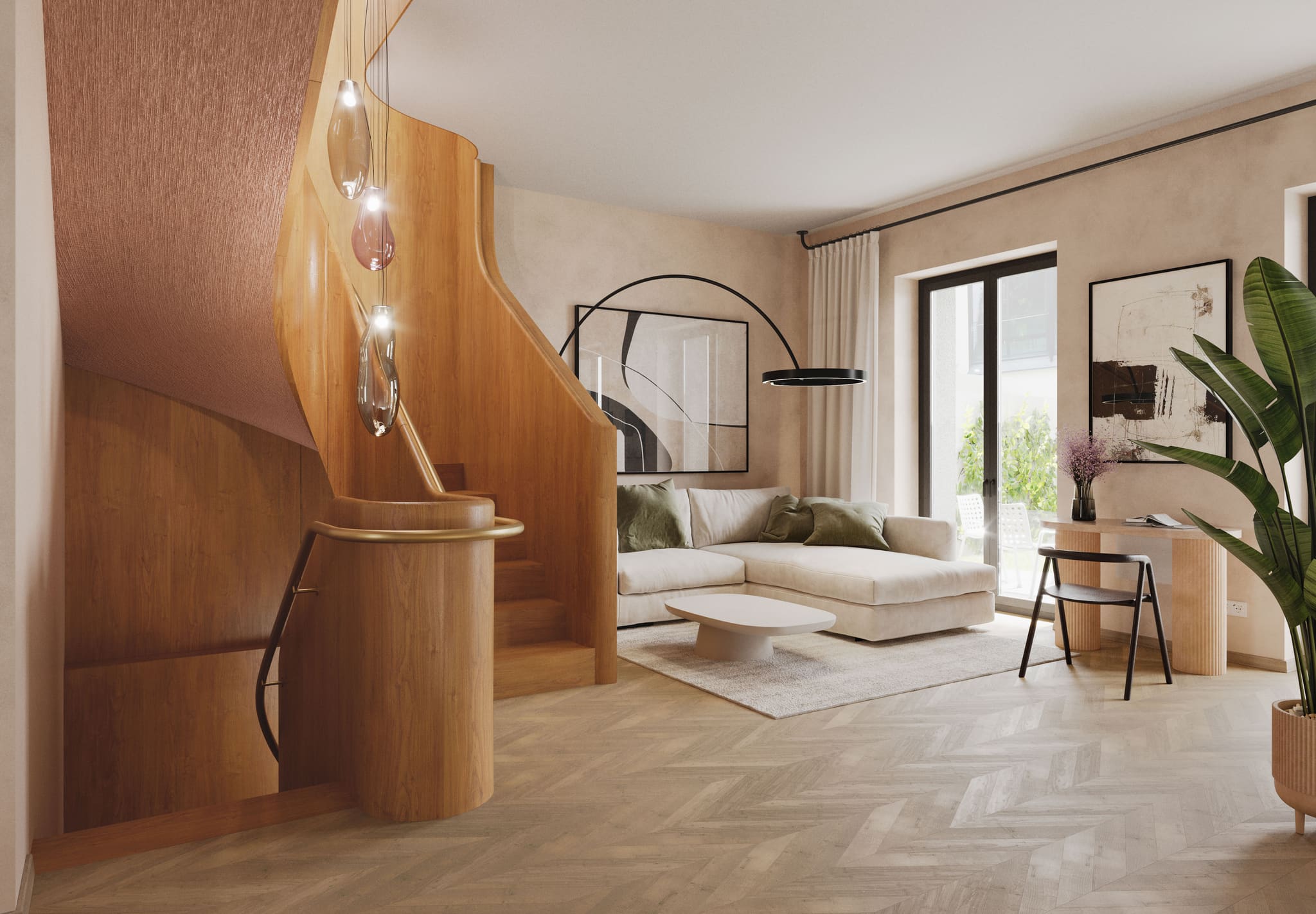 Wohnbereich der Maisonette mit gerundeter Holztreppe, Sofa und Fenstertüren