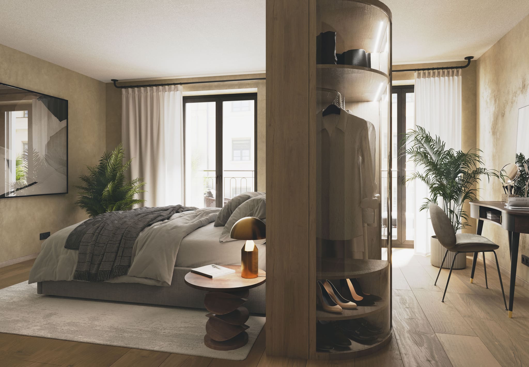 Schlafzimmer der Maisonette mit gerundetem offenem Schrank und Arbeitsplatz