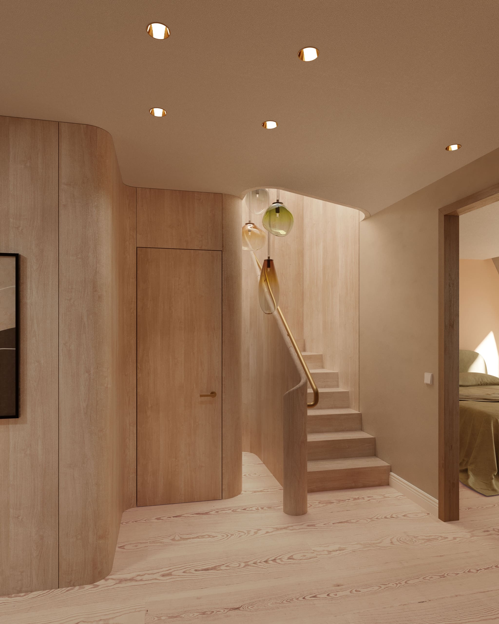 Eingang des Penthauses mit gerundeter heller Wand und Holztreppe nach oben