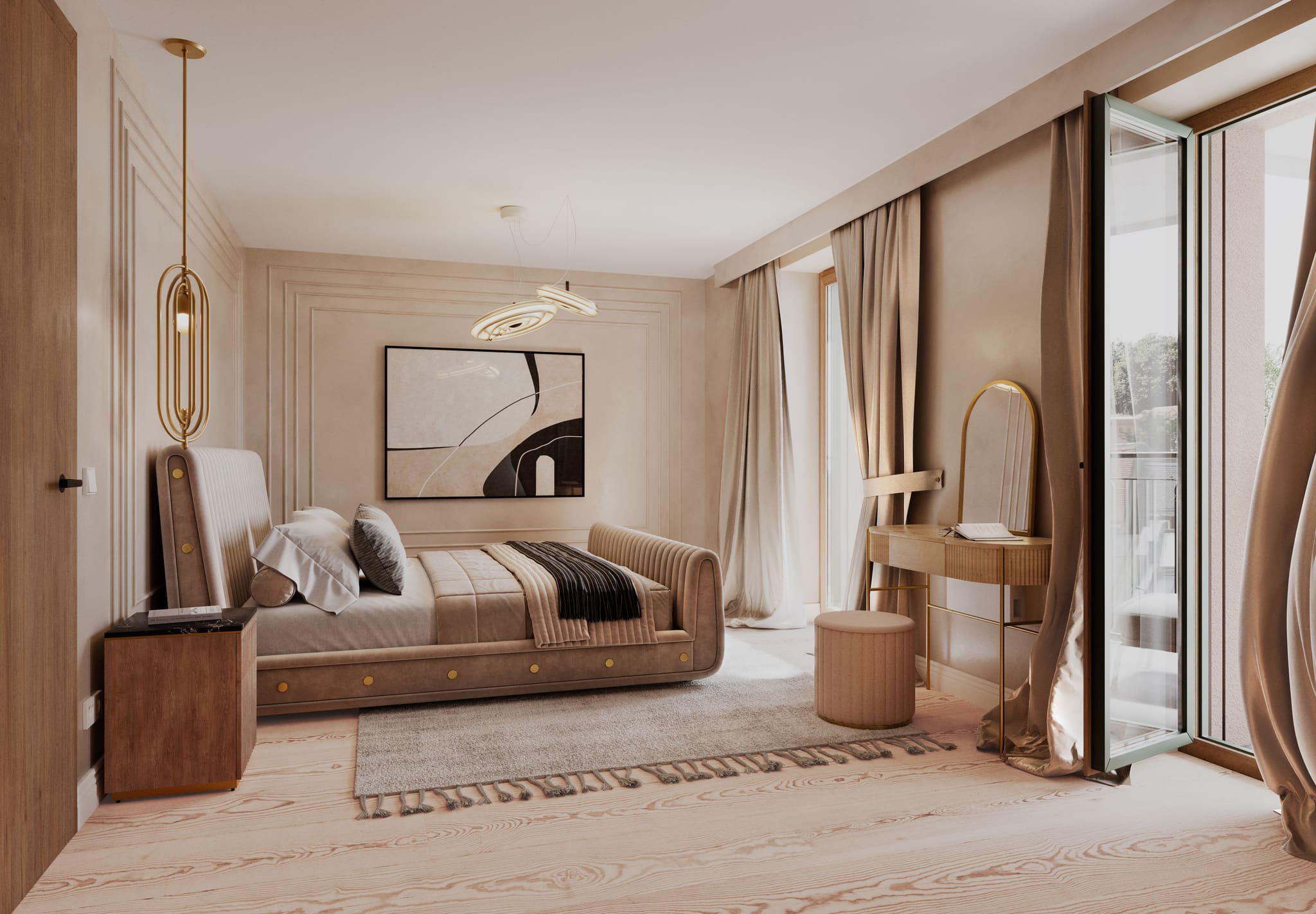 Schlafzimmer des Penthauses mit gepolstertem Bett, Frisiertisch und Vorhängen