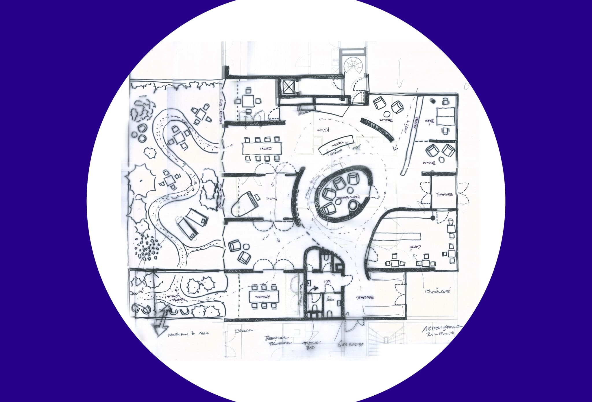 Hand-drawn floor plan in a round frame, rooms and furniture around a centre, garden with paths and trees at left