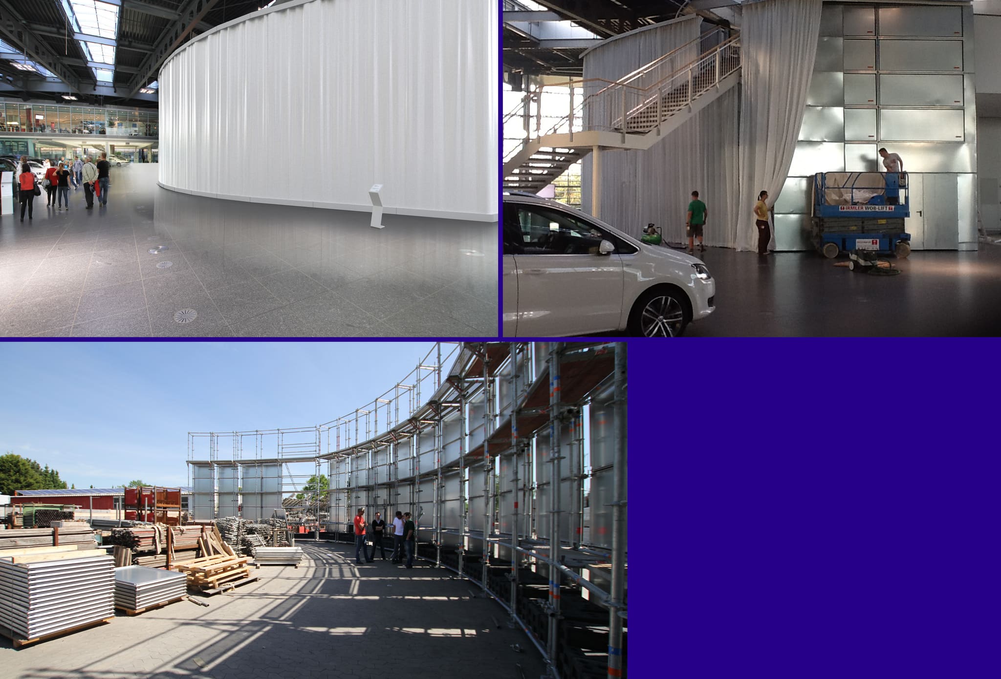 Three site photographs: curved enclosure with fabric curtain in the customer centre, assembly with lift platform, trial scaffold build outdoors