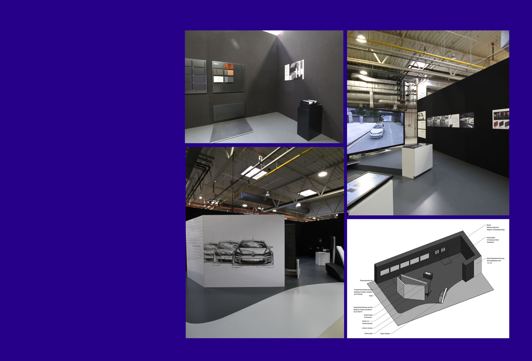 Four views: dark sample wall with material swatches, hall with large screen and presentation boards, plus an axonometric drawing