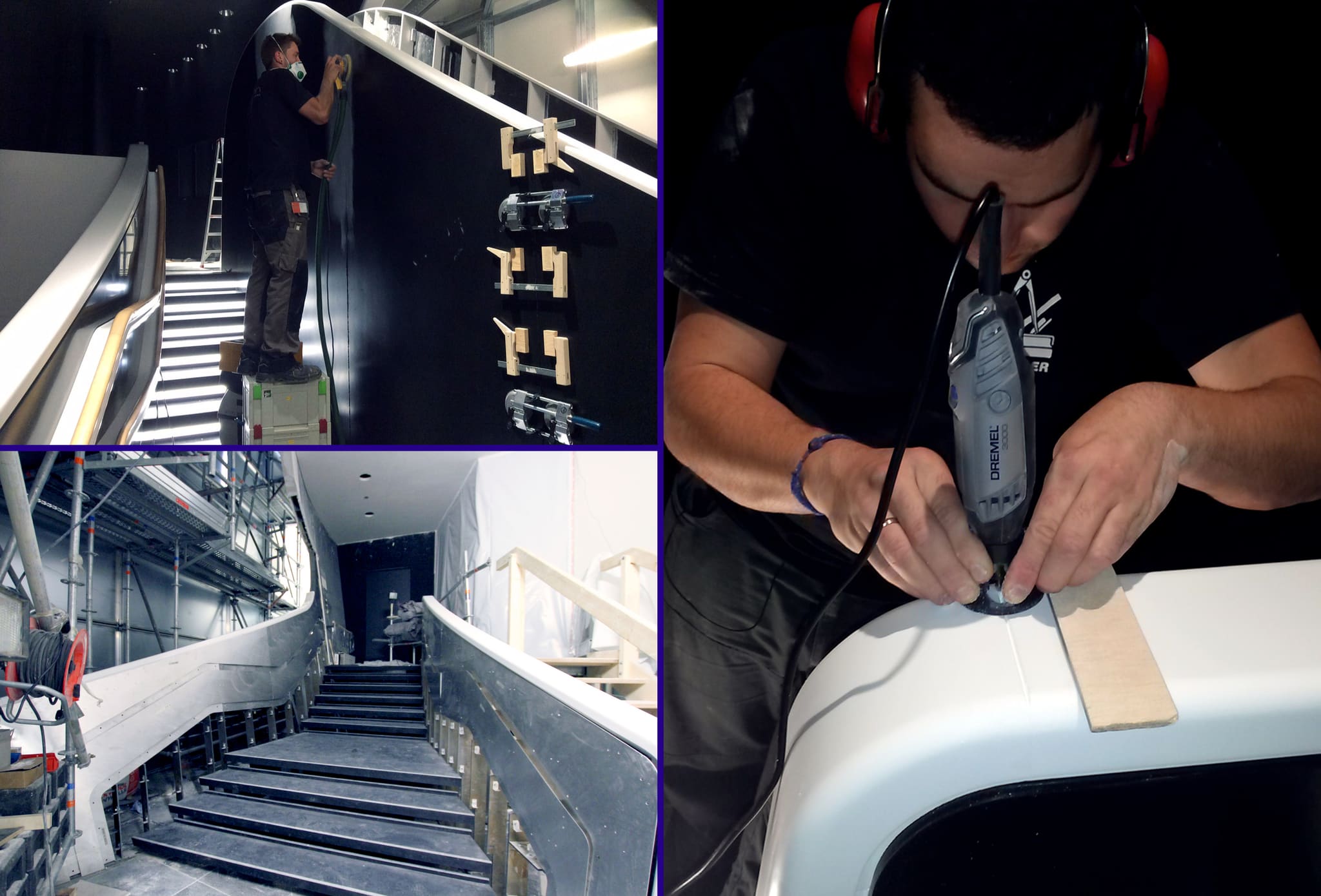 Three site photographs: craftsman sanding a black curve, stair shell behind scaffolding, rotary tool worked along a white edge