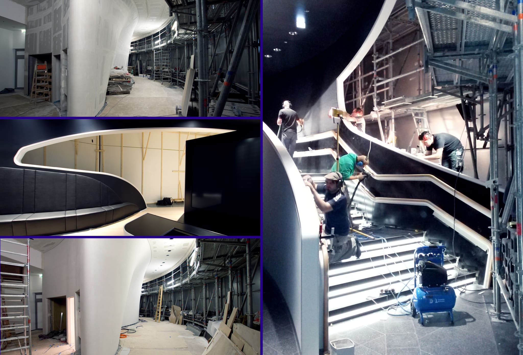 Four site photographs: curved white walls behind scaffolding, a lit bench with screen, several fitters at the stair balustrade