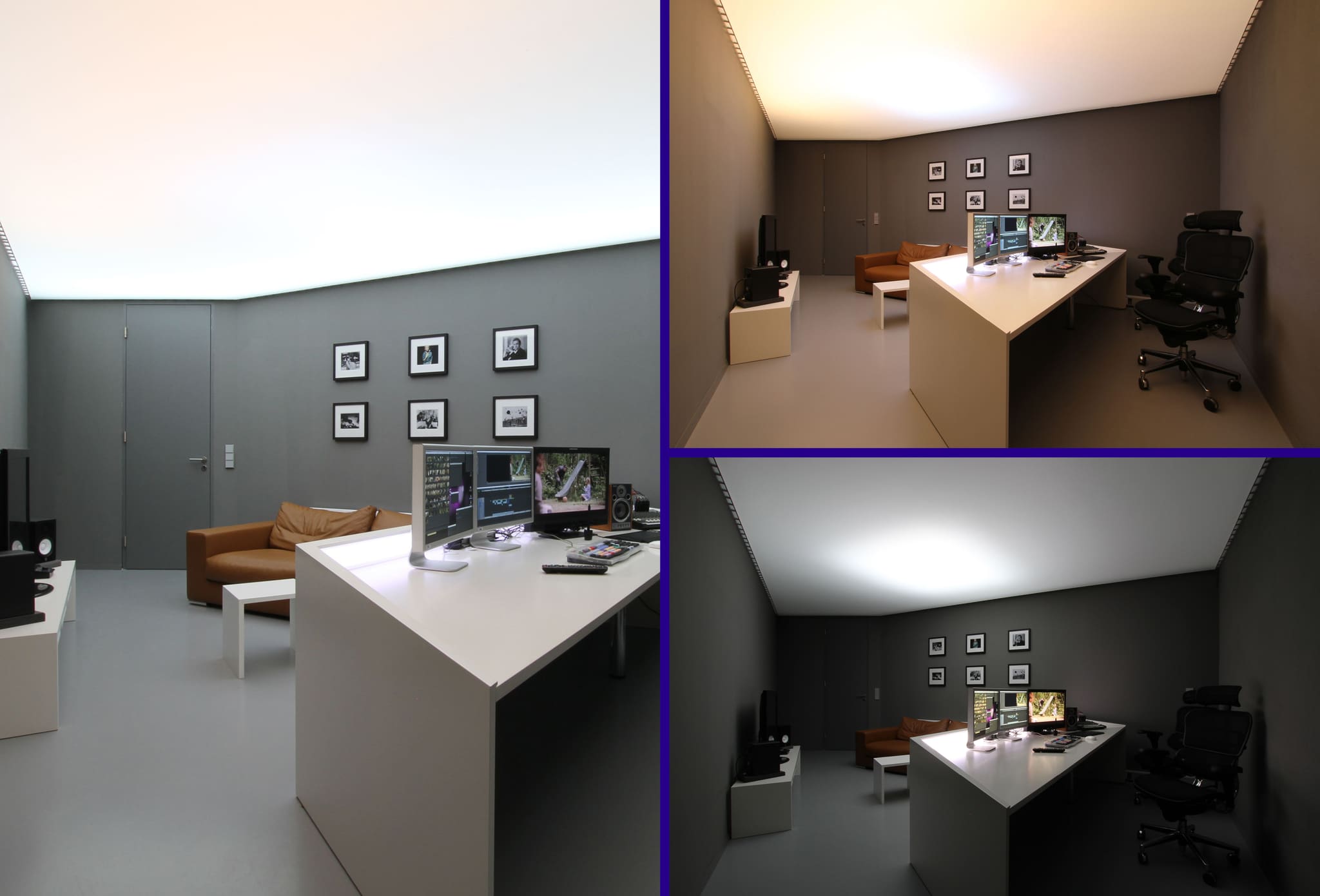 Three views of the same editing room with white desk, monitors, leather sofa and framed pictures, each differently lit