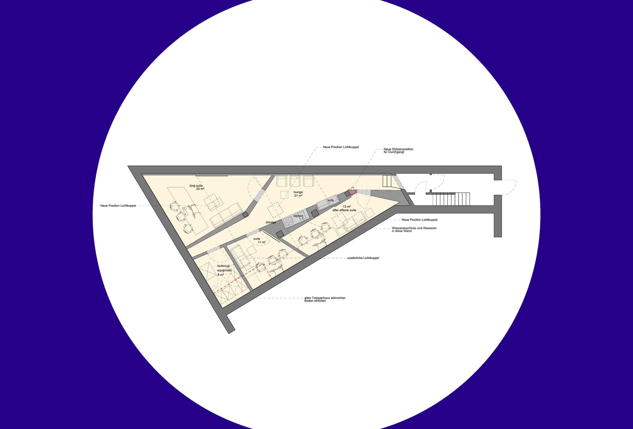 Floor plan drawing of a sharply triangular space with rooms, furniture and services indicated, plus annotation lines at the sides