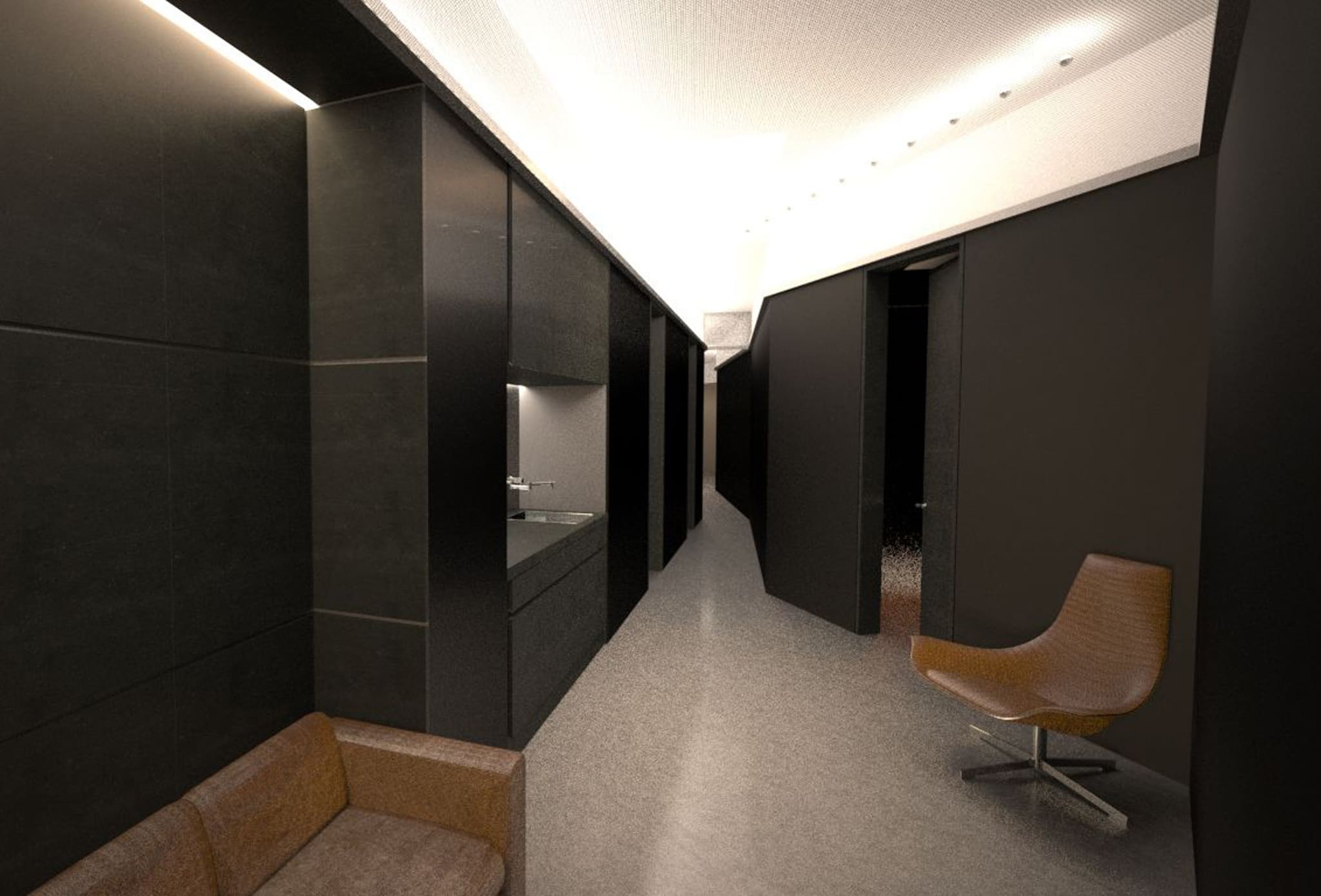 Visualisation of a narrow corridor with dark grey walls, a recessed kitchenette, pale floor, bench seat and brown swivel chair