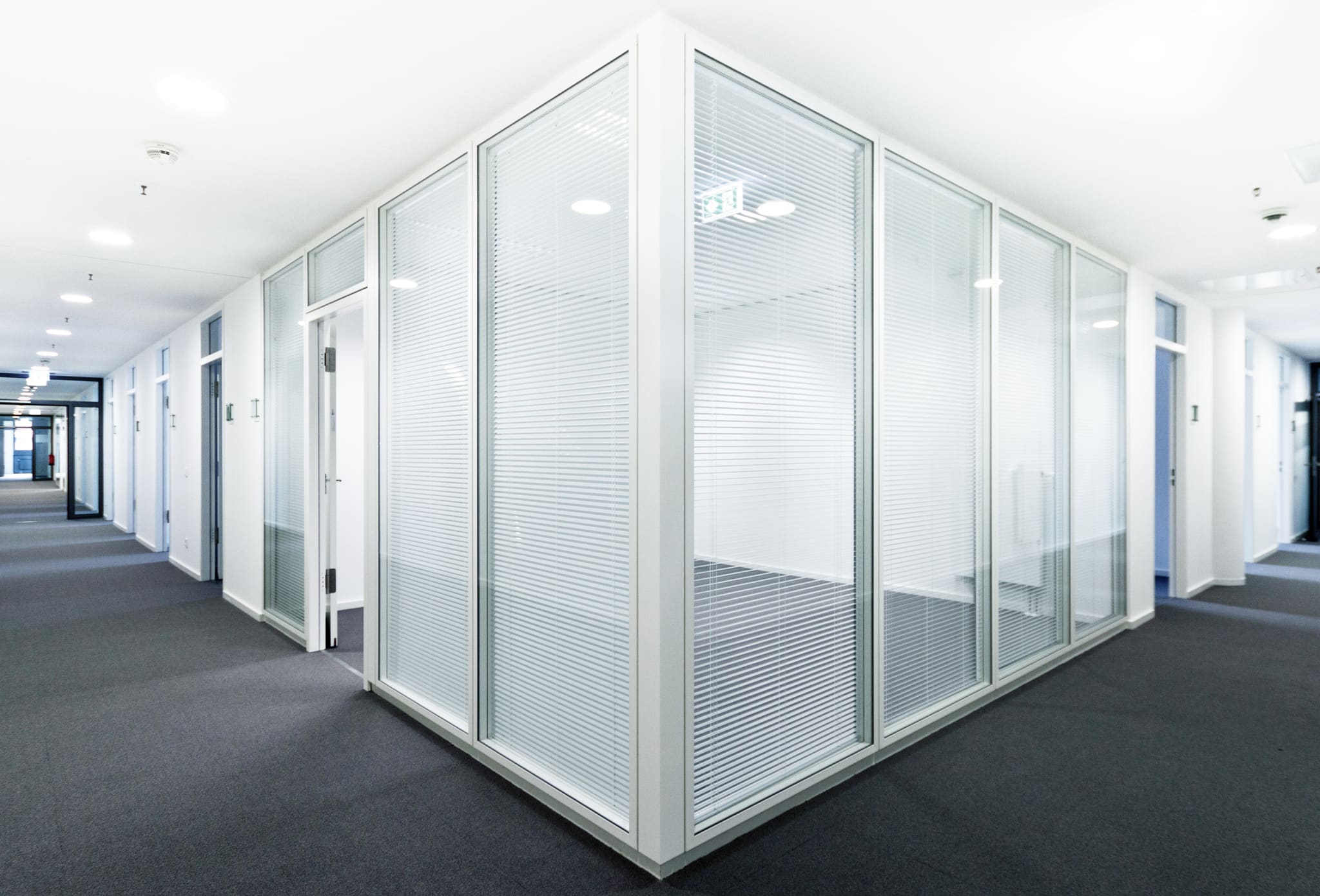 Corridor corner with full-height glazed office walls and integrated blinds, dark grey carpet, white walls, round ceiling luminaires