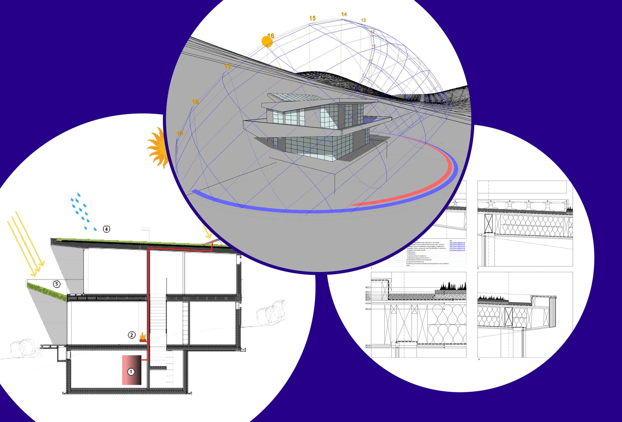Planning graphics in round frames: sun path diagram over a building model, section with energy scheme, construction details alongside