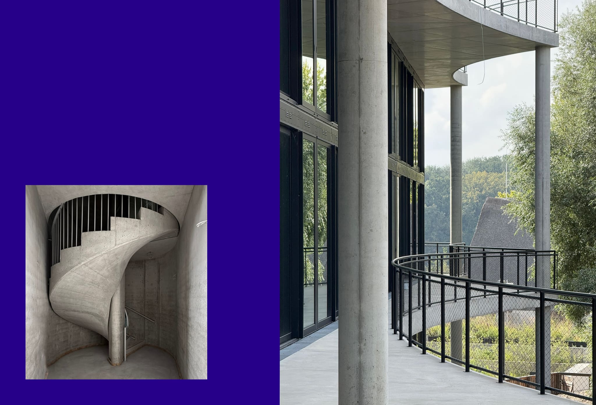 Bildpaar: links freistehende Betonwendeltreppe in rundem Treppenraum, rechts Laubengang mit runden Betonstützen und Netzgeländer, dahinter Bäume