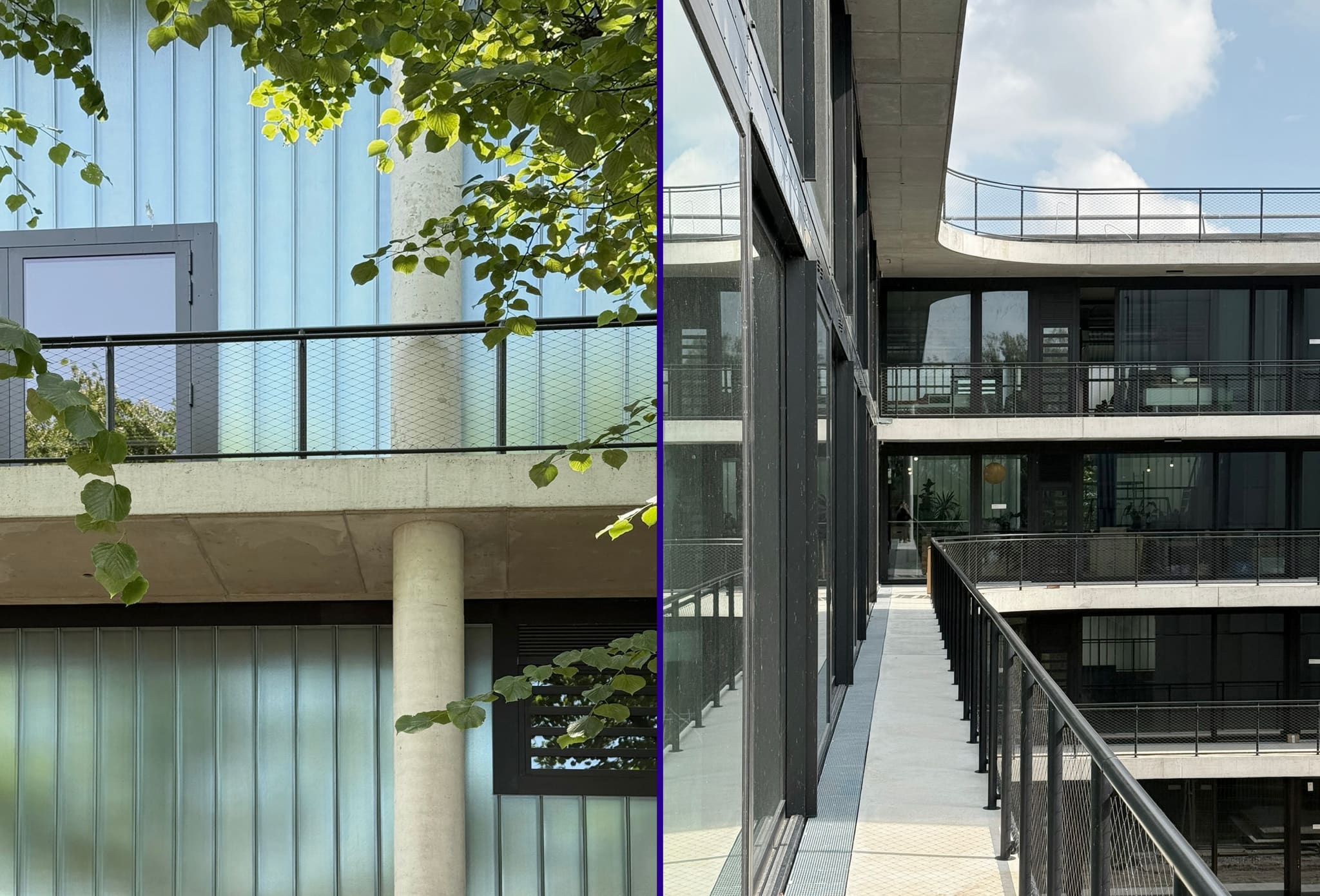 Bildpaar: links Profilglasfassade mit runder Betonstütze und Laubwerk, rechts mehrgeschossiger Innenhof mit Laubengängen und schwarzen Fensterrahmen