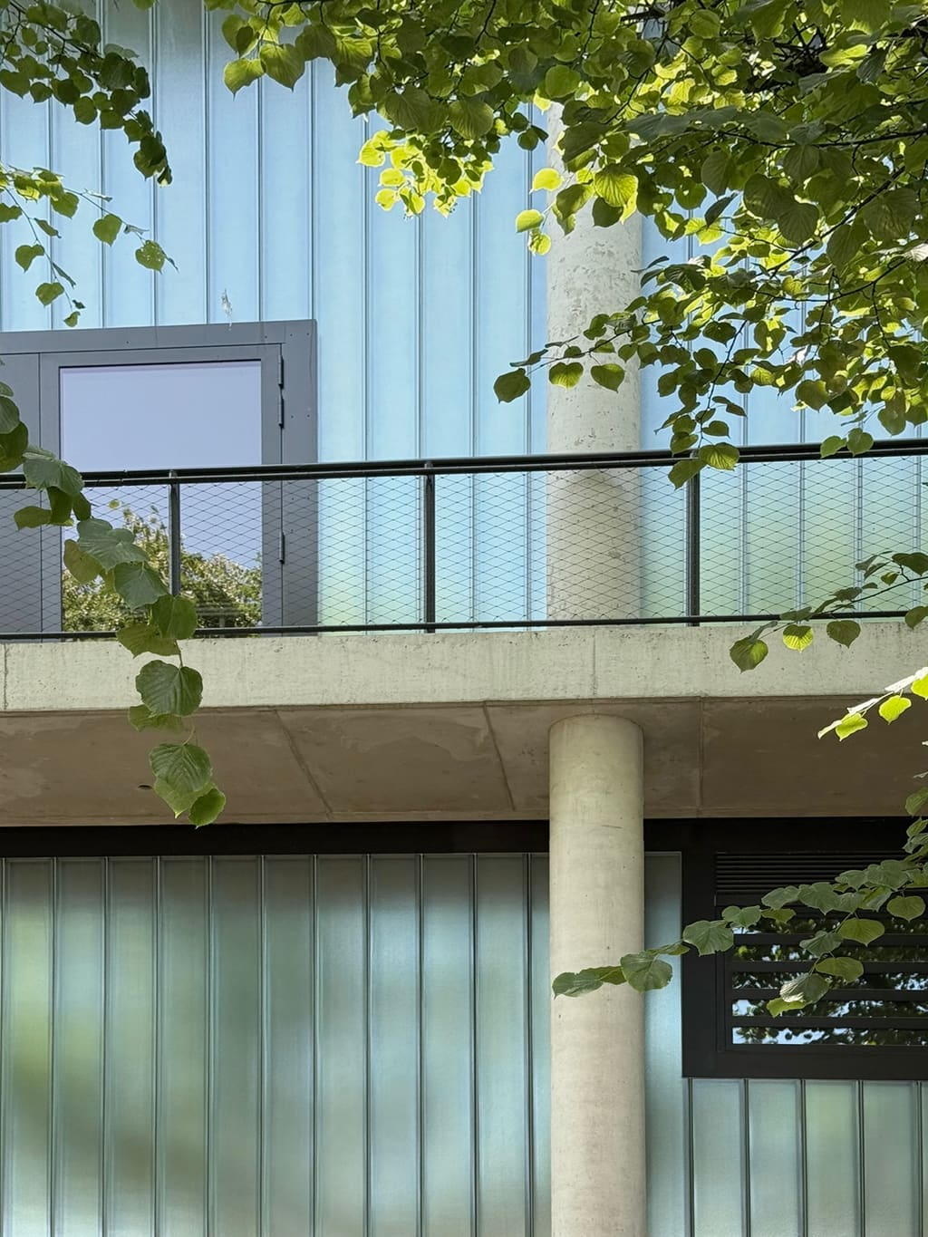 Runde Betonstütze und auskragendes Galeriedeck mit Drahtgeflecht-Geländer vor einer Fassade aus Profilbauglas, gerahmt von belaubten Zweigen