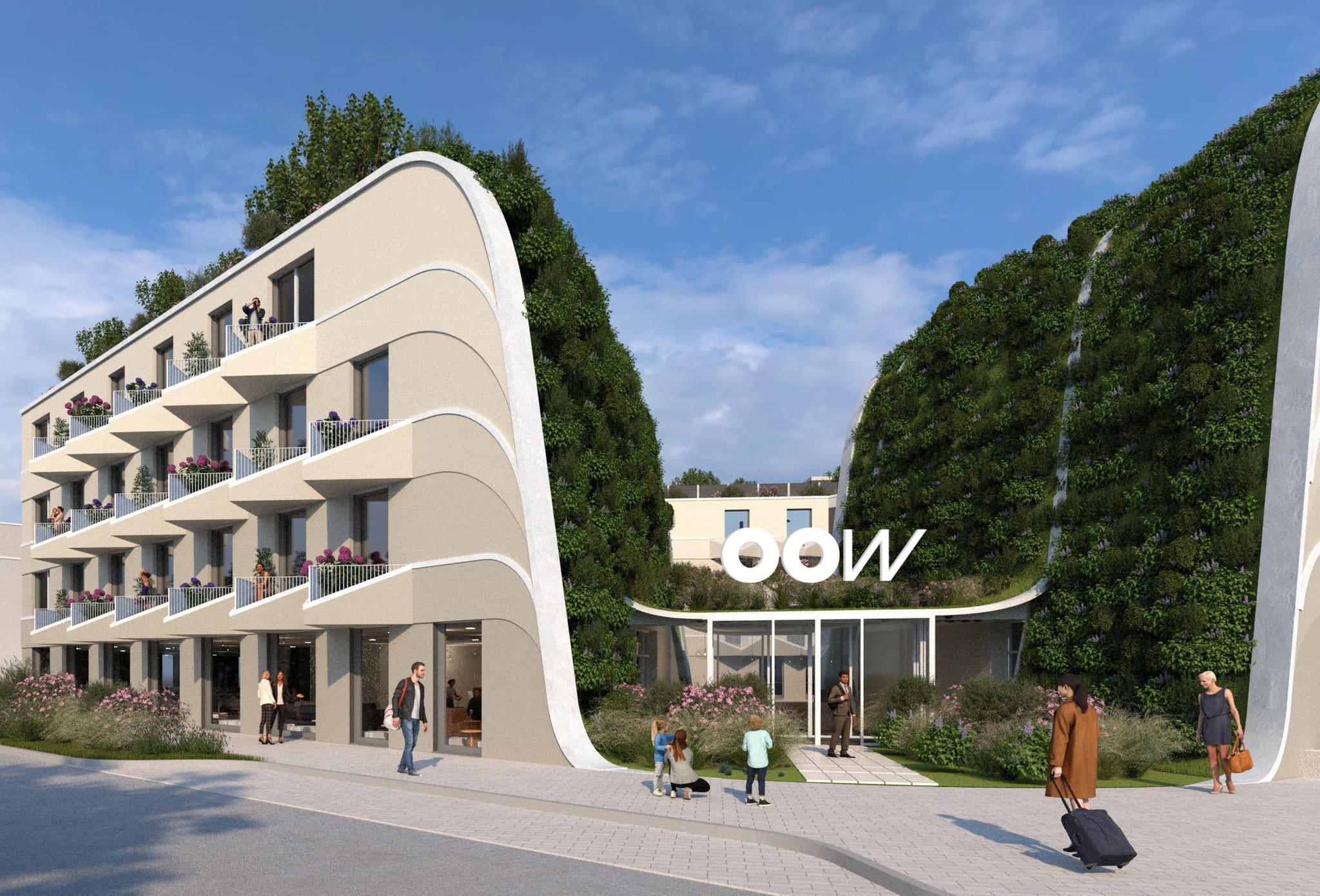 Visualisierung eines mehrgeschossigen Hotels mit beigefarbener Putzfassade, dreieckigen Balkonen und dicht bewachsener Wand, davor Gäste mit Koffer