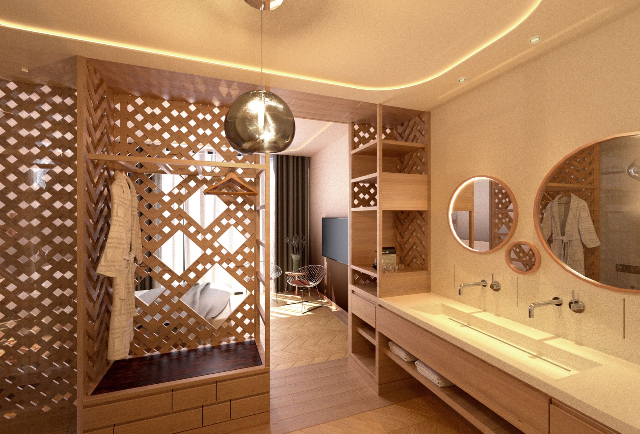 Visualisation of a semi-open hotel bathroom, woven timber screen with bathrobe and clothes rail, long washbasin counter with two taps