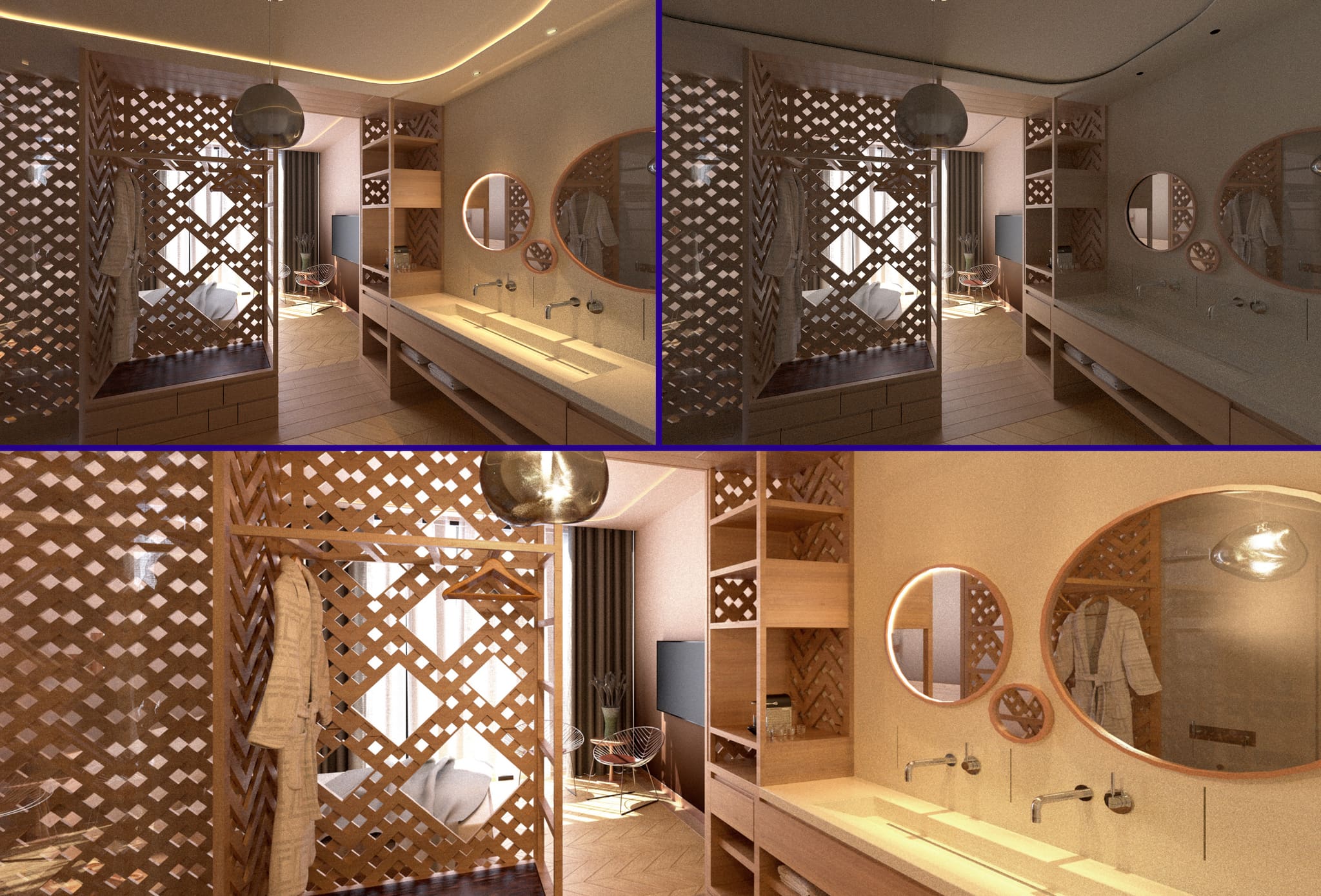 Three views of the same bathroom zone in different lighting moods, with timber screen, washbasin and view to the bed