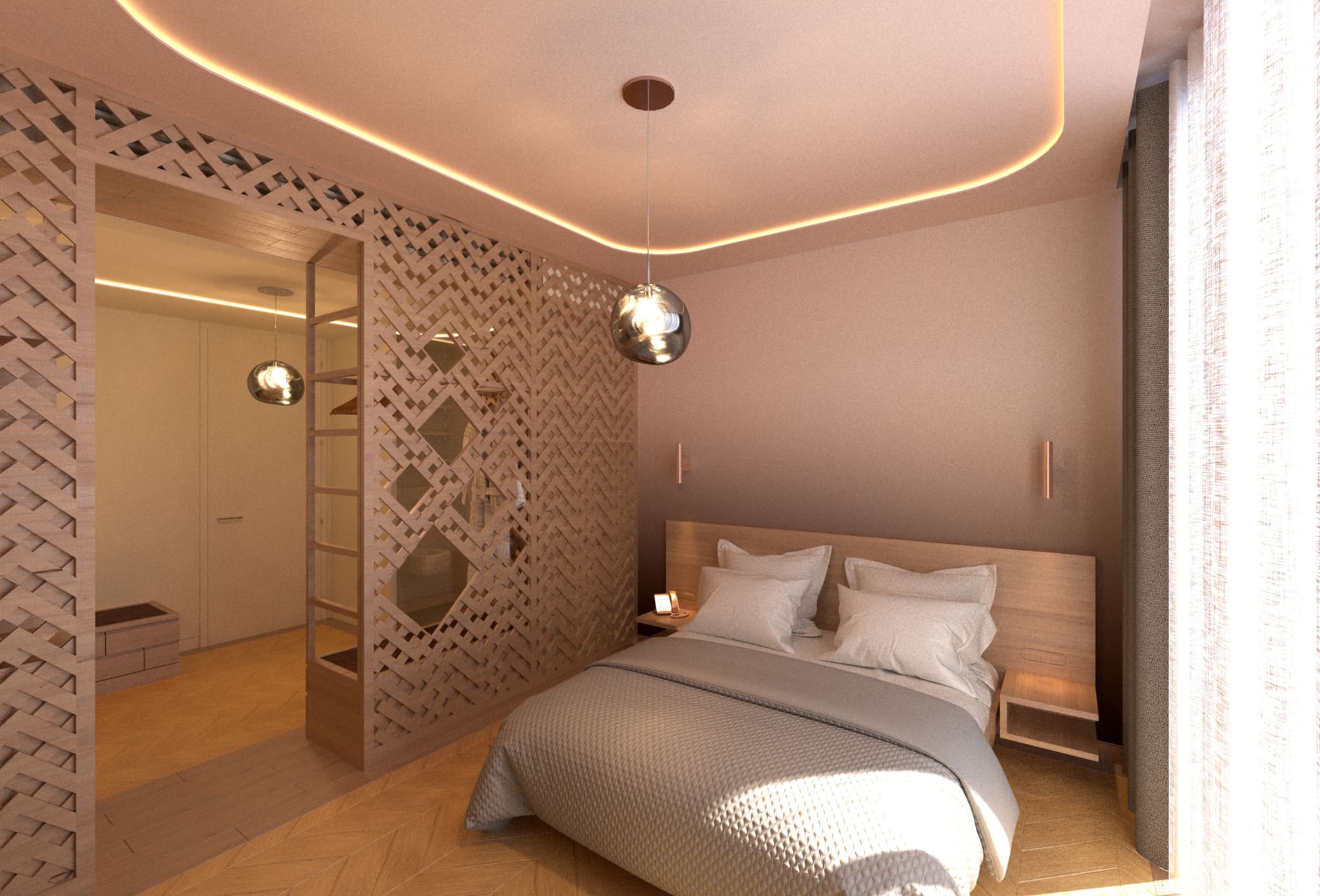 Hotel room with double bed, timber headboard and bedside consoles, woven timber screen as partition at left, curtain at window