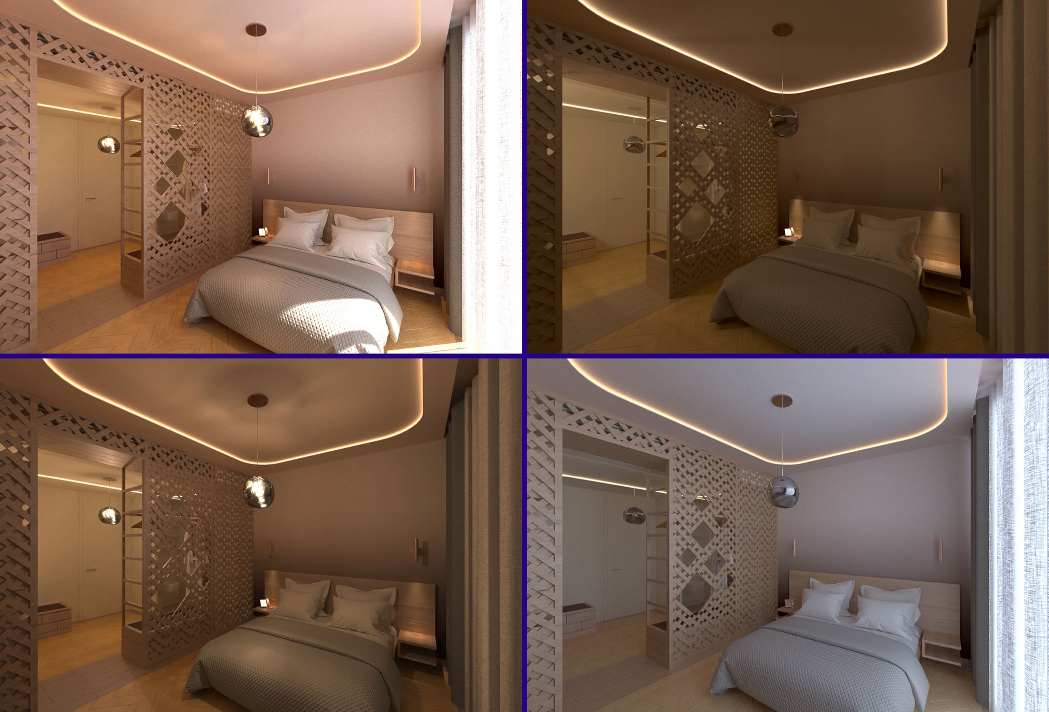Four views of the same hotel room with bed and timber screen in different timber tones and lighting moods