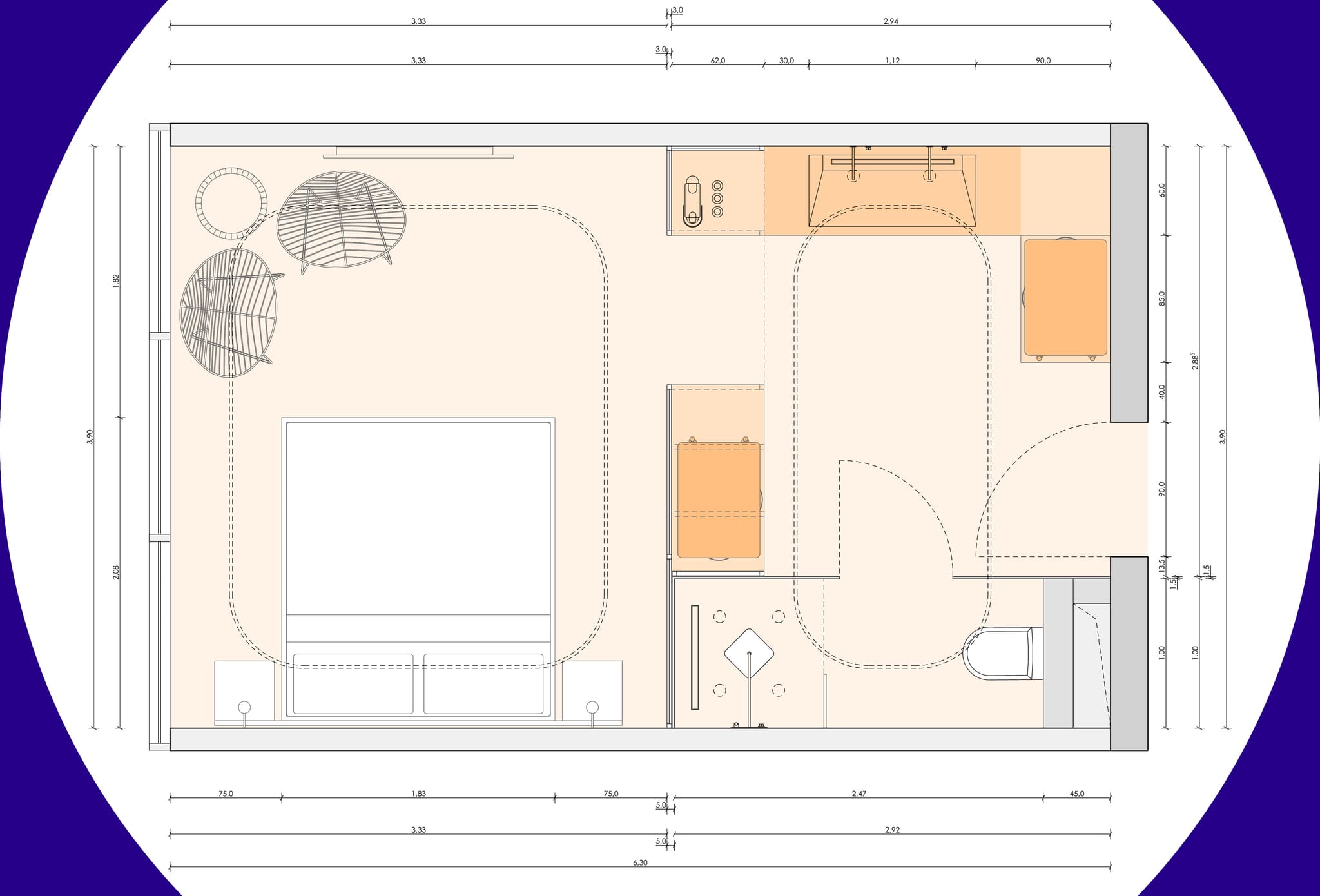 Dimensioned floor plan of a hotel room with bed, chairs, washbasin, WC and shower, dashed lines marking circulation areas