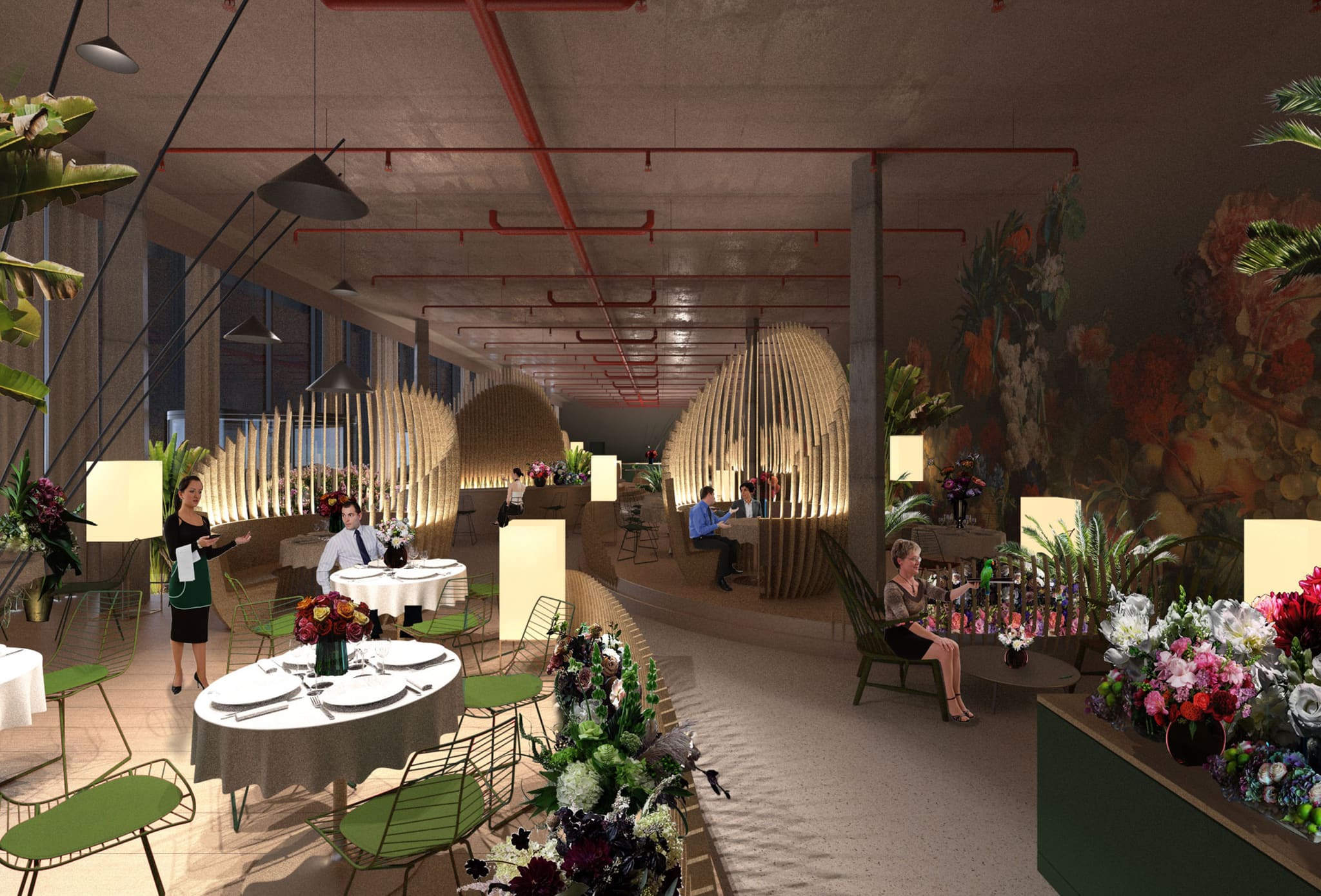 Visualisation of a guest area with round tables, green wire chairs, cocoon-like timber-slat booths, exposed concrete ceiling with red pipes