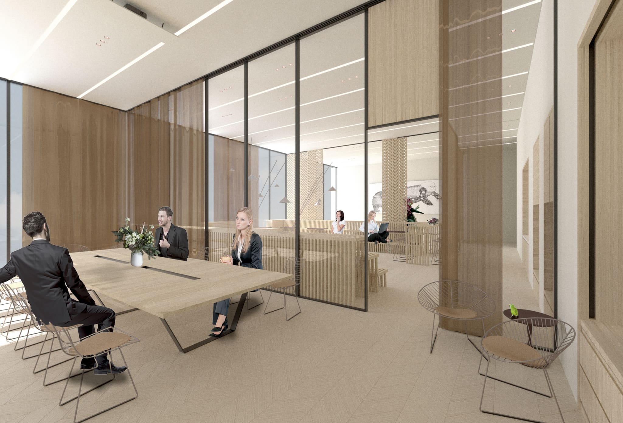 Conference area with long timber table and wire chairs behind full-height glass walls, lounge with timber slats and curtains beyond