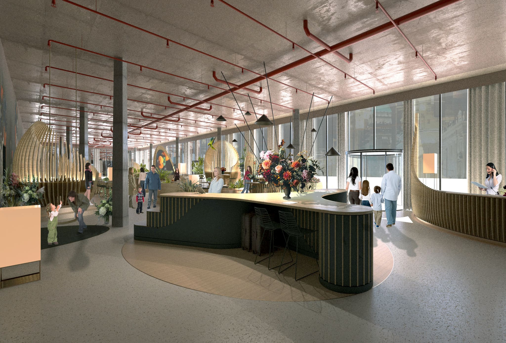 Hotel lobby with curved dark reception counter on terrazzo, cocoon-like timber booths, exposed concrete ceiling with red pipes, revolving door