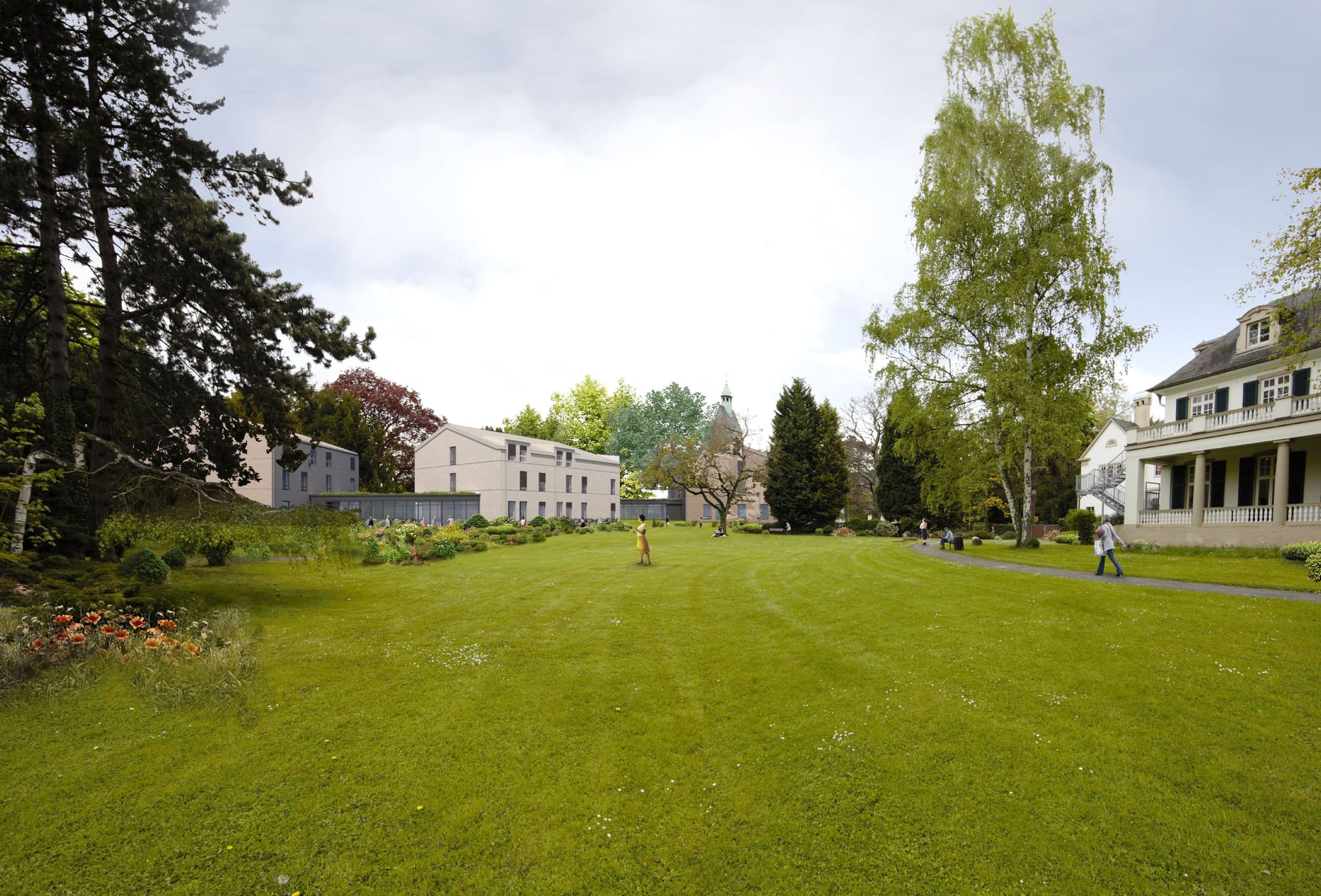 Wide park lawn, pale brick three-storey new buildings on the left, the old villa with colonnaded porch on the right