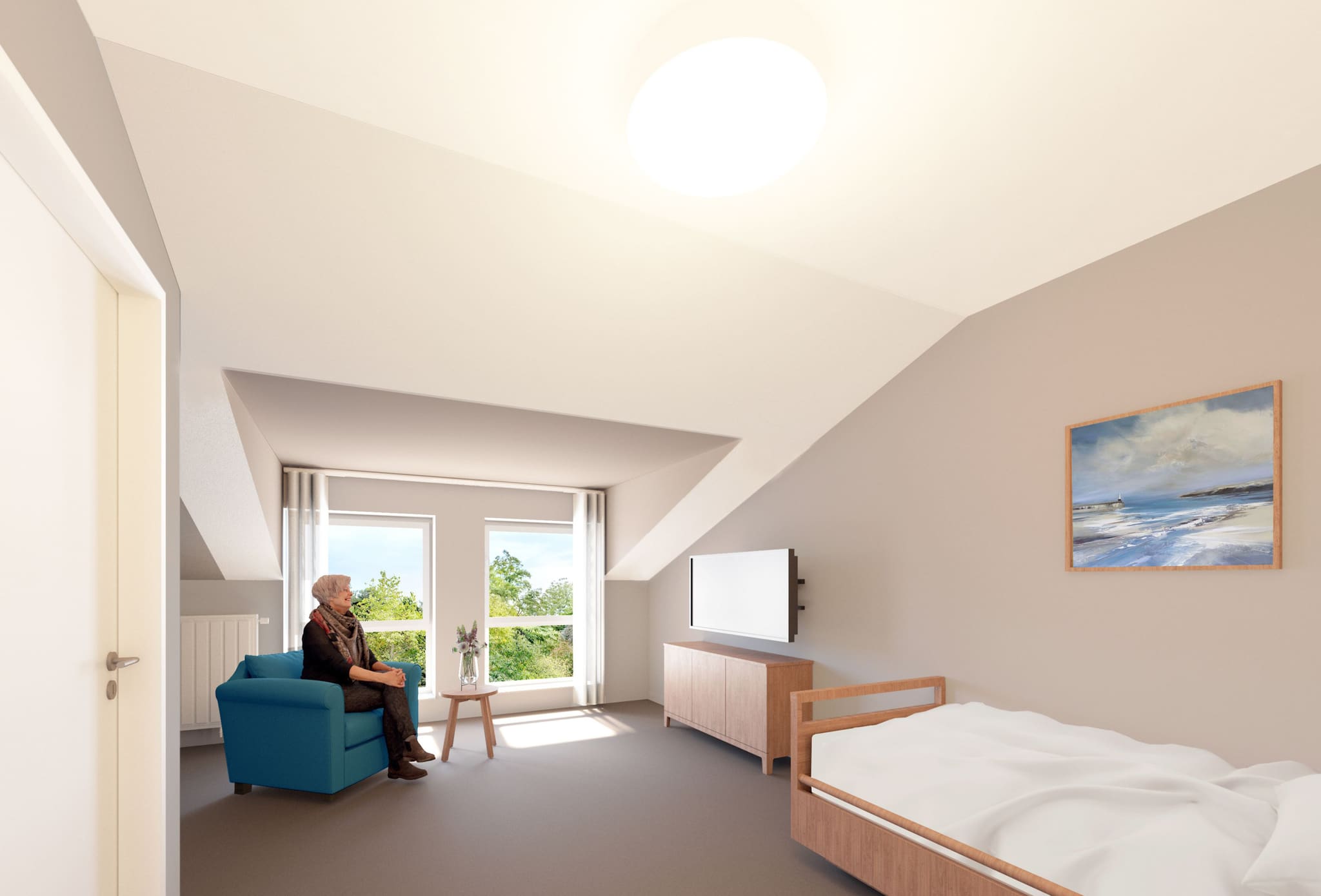 Room with a sloping ceiling, care bed with timber frame, sideboard and wall-mounted television, blue armchair at the window