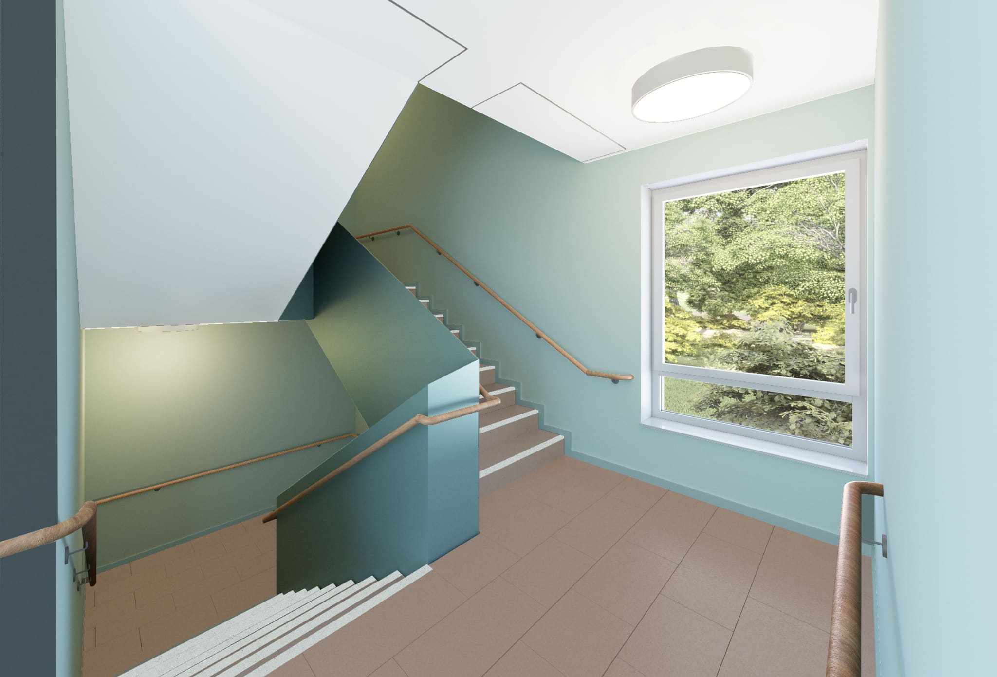 Stair landing with walls painted green and turquoise, round timber handrails on both sides, square window onto dense greenery