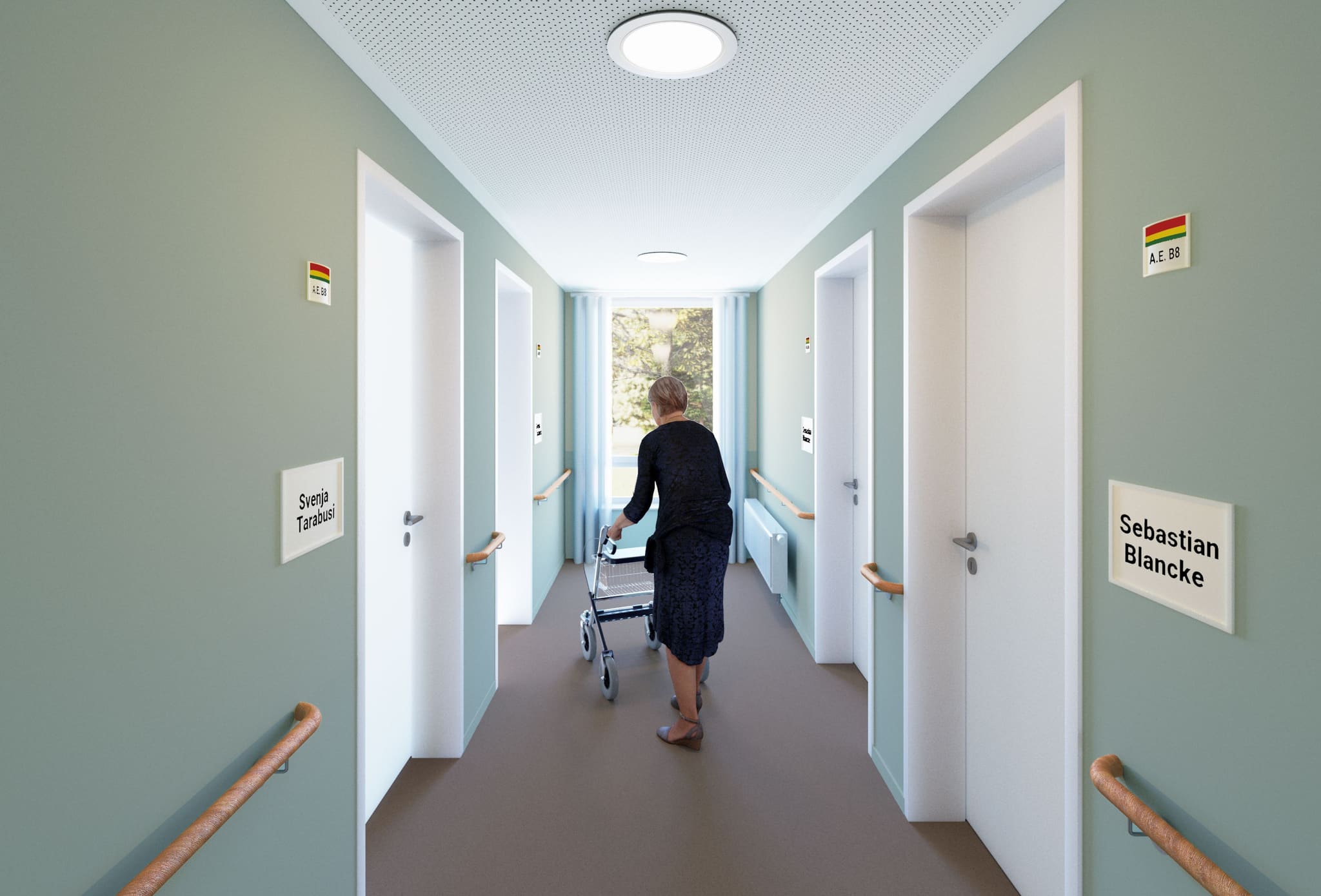 Residential corridor with mint green walls, white room doors with name plates and timber handrails, a woman with a rollator