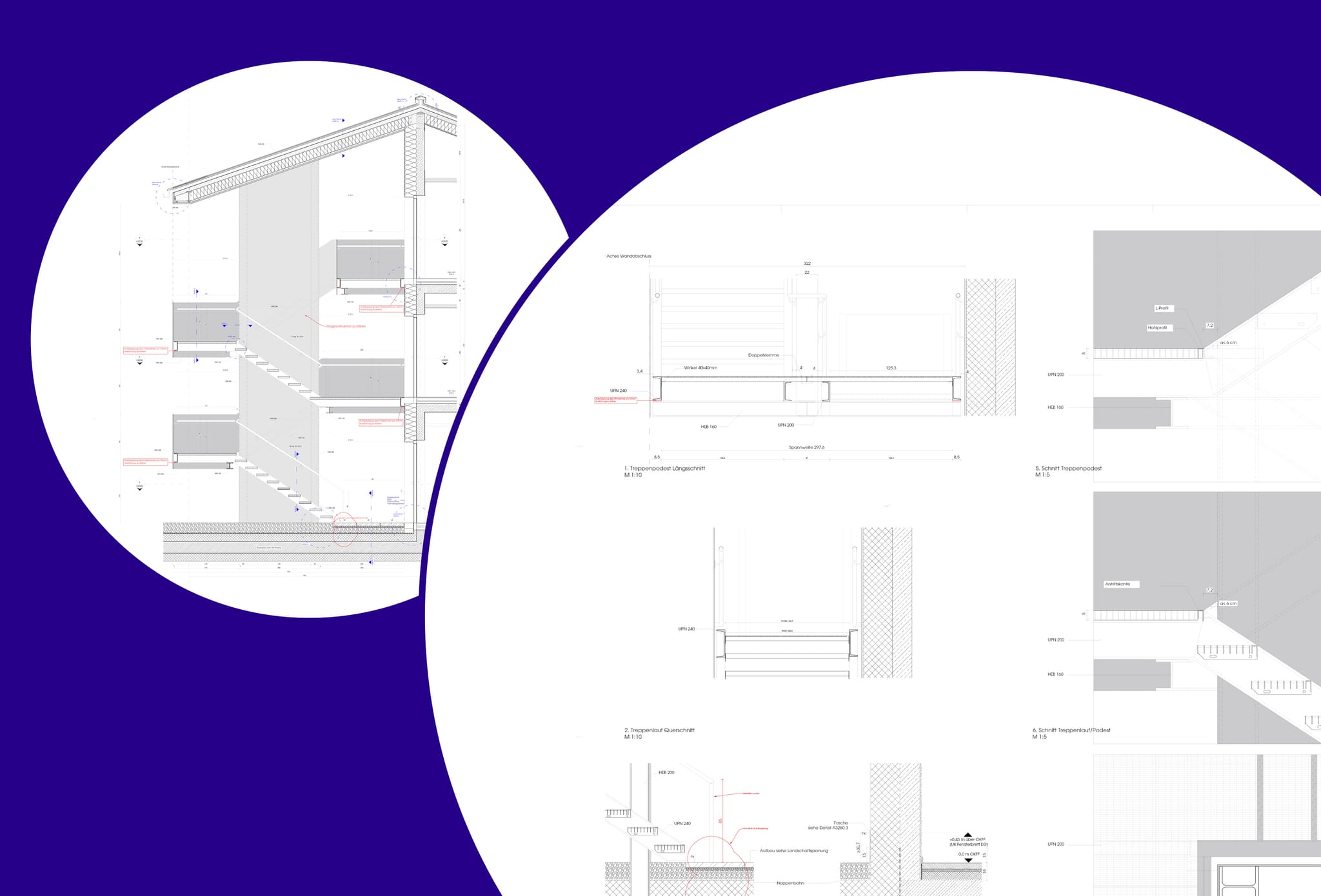 Excerpts from technical drawings: a section through the stairwell, alongside detail sections of stair flight and landing