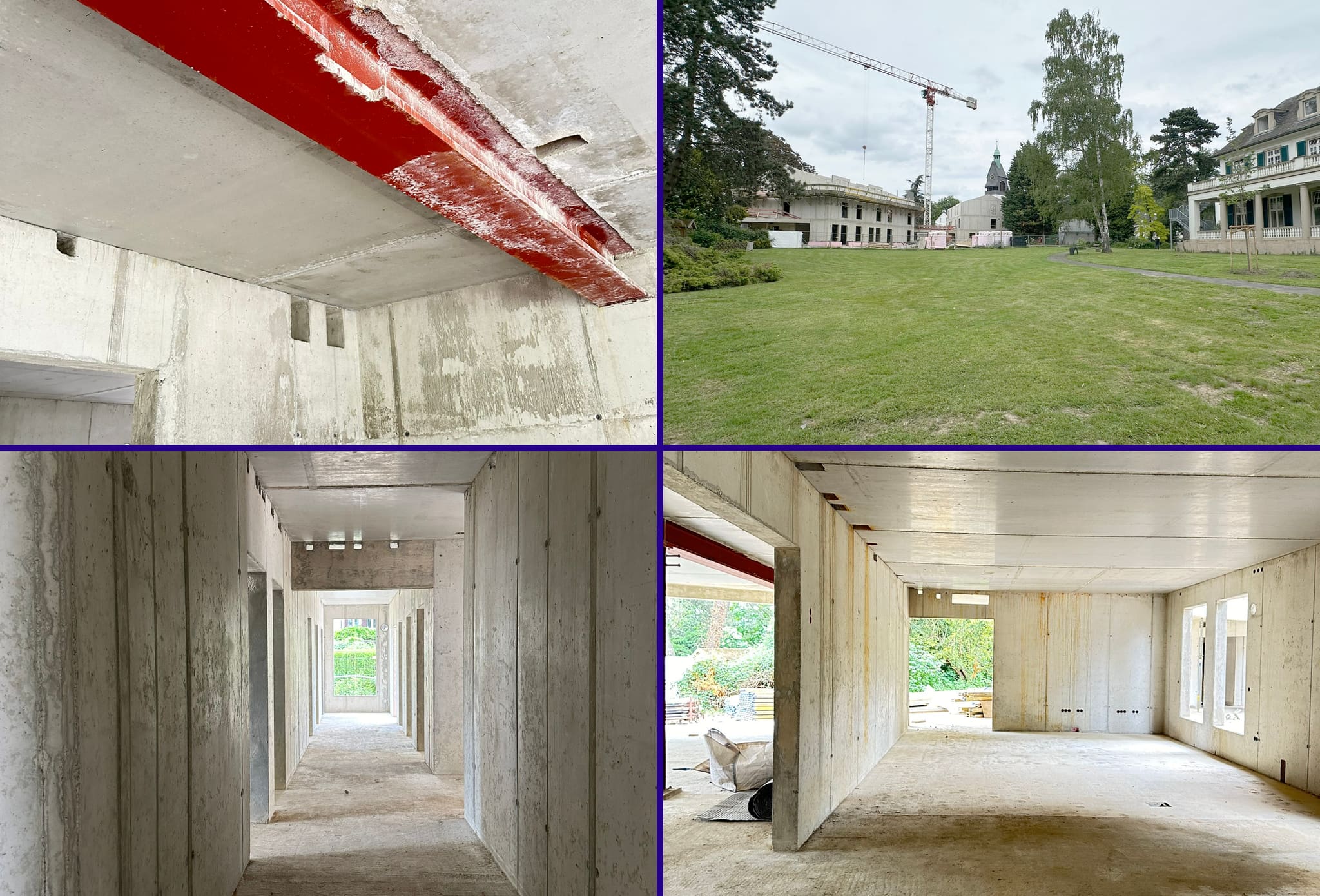 Four site photographs: red steel beam under a concrete slab, crane in the park, corridor and room in shell state