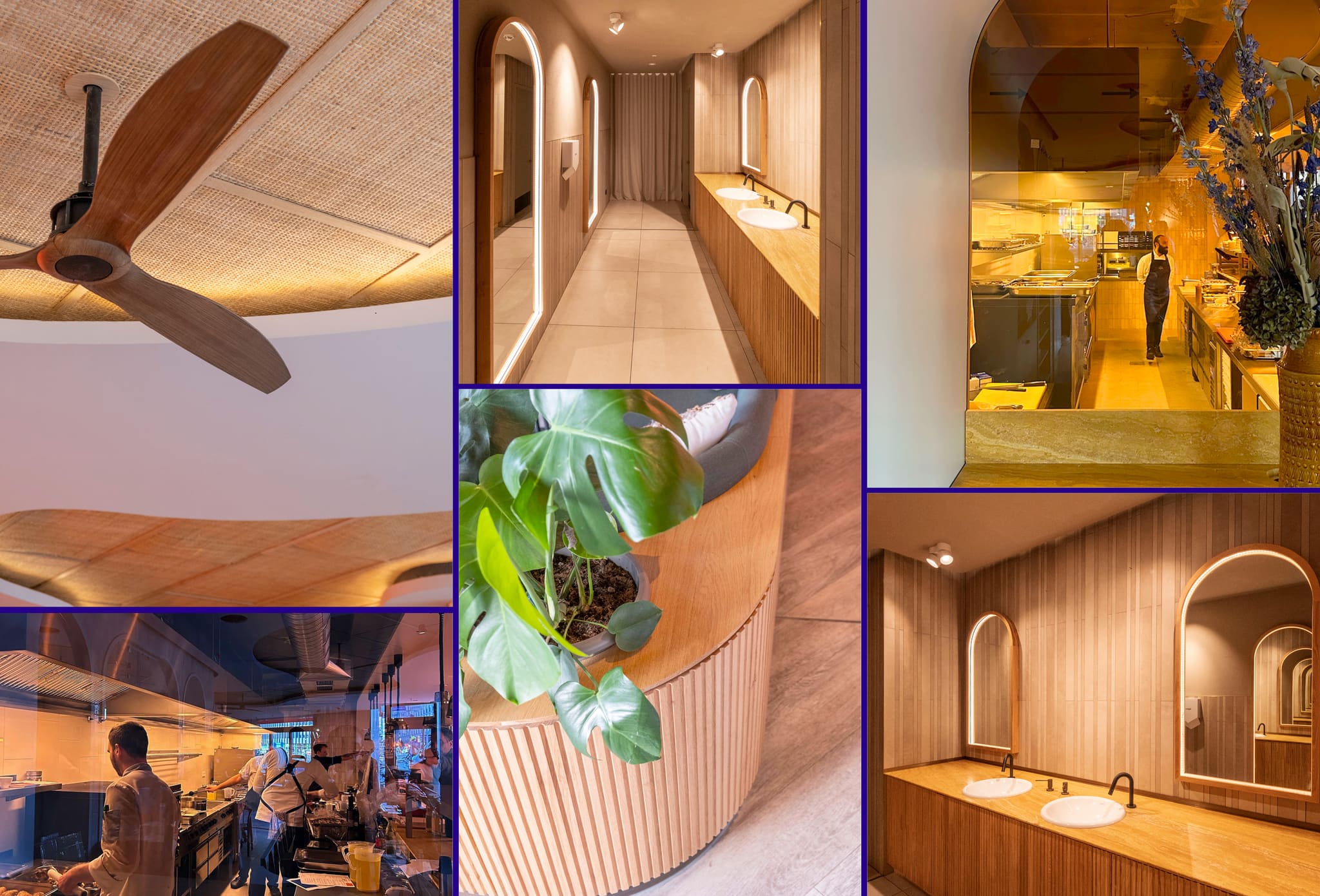 Bildtafel: Holzventilator unter Rattandecke, Waschraum mit bogenförmigen Spiegeln, Küche hinter getöntem Glas, Monstera im geriffelten Holztrog
