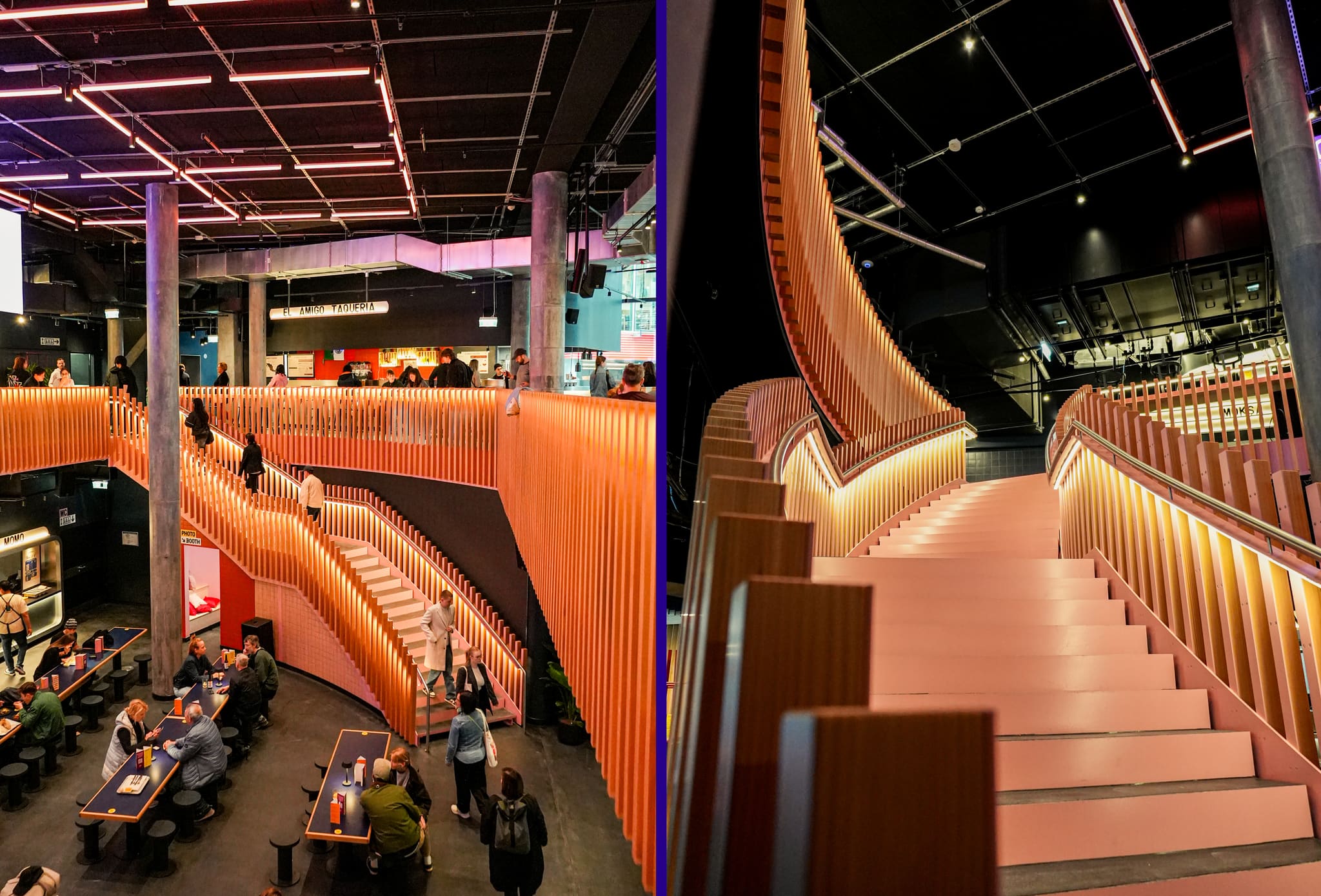Zwei Aufnahmen der geschwungenen Treppe mit Lamellenbrüstung aus Holz, links Blick über Foodstand und Tischreihen, rechts der beleuchtete Treppenlauf