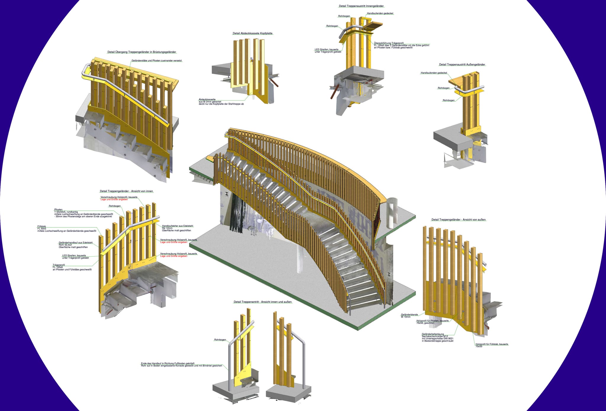 Blatt mit 3D-Detailzeichnungen eines Treppengeländers: Holzstäbe, Handlauf, Anschlüsse an Podest und Antritt, in der Mitte die Gesamttreppe