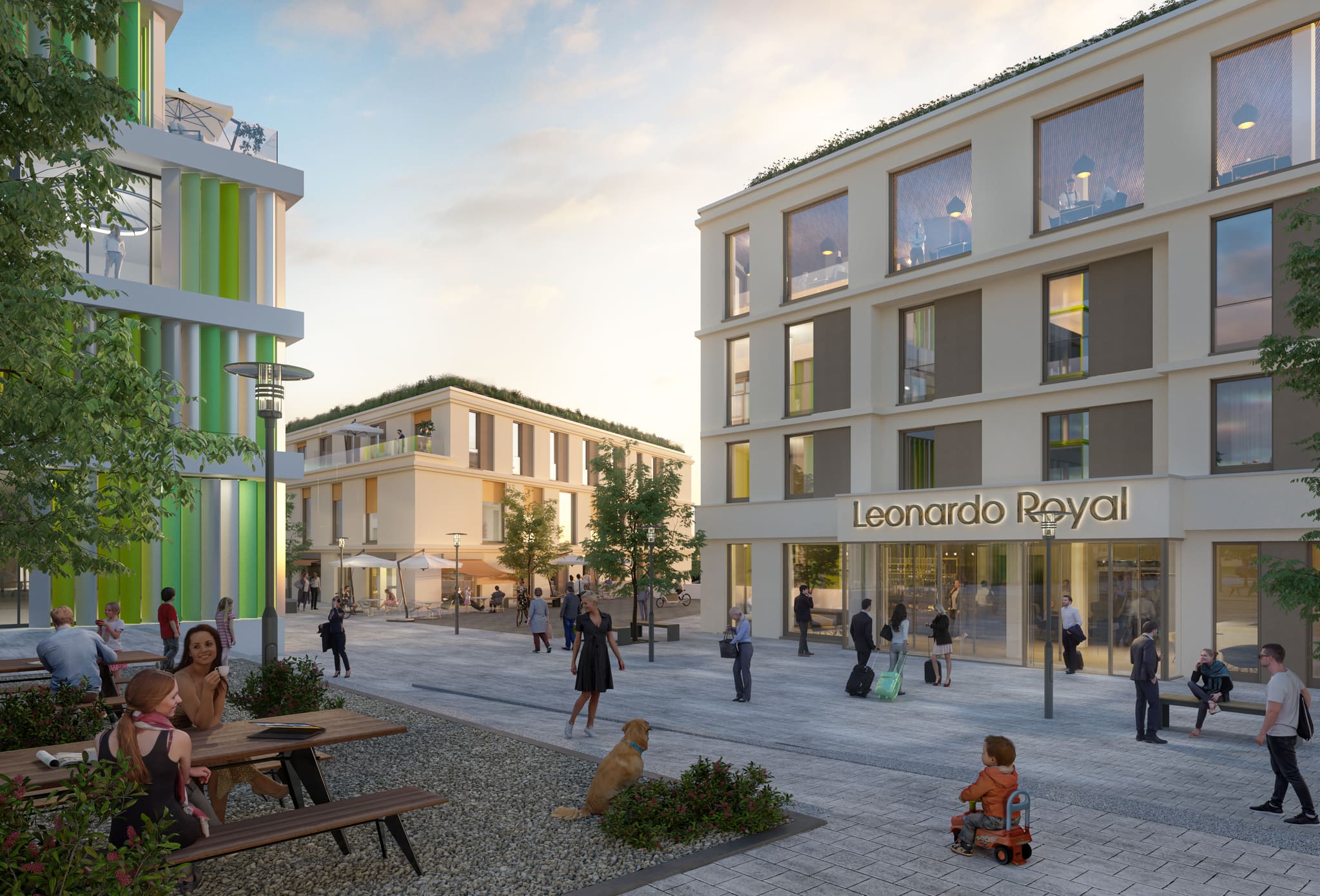 Visualisation of a square between new buildings with hotel entrance, green roofs, green facade fins, trees and many passers-by