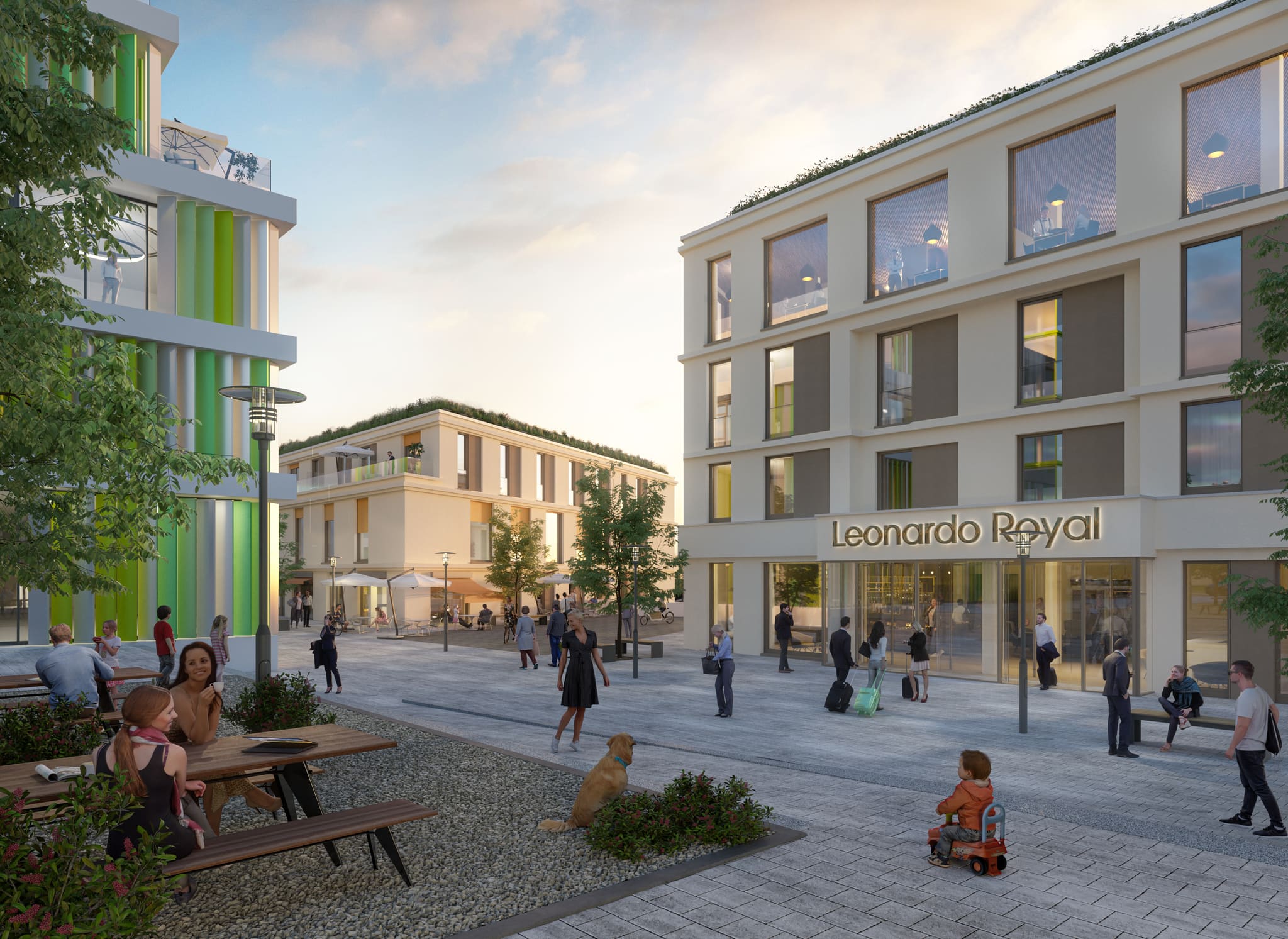 Visualisation of a square between new buildings with hotel entrance, green roofs, green facade fins, trees and many passers-by