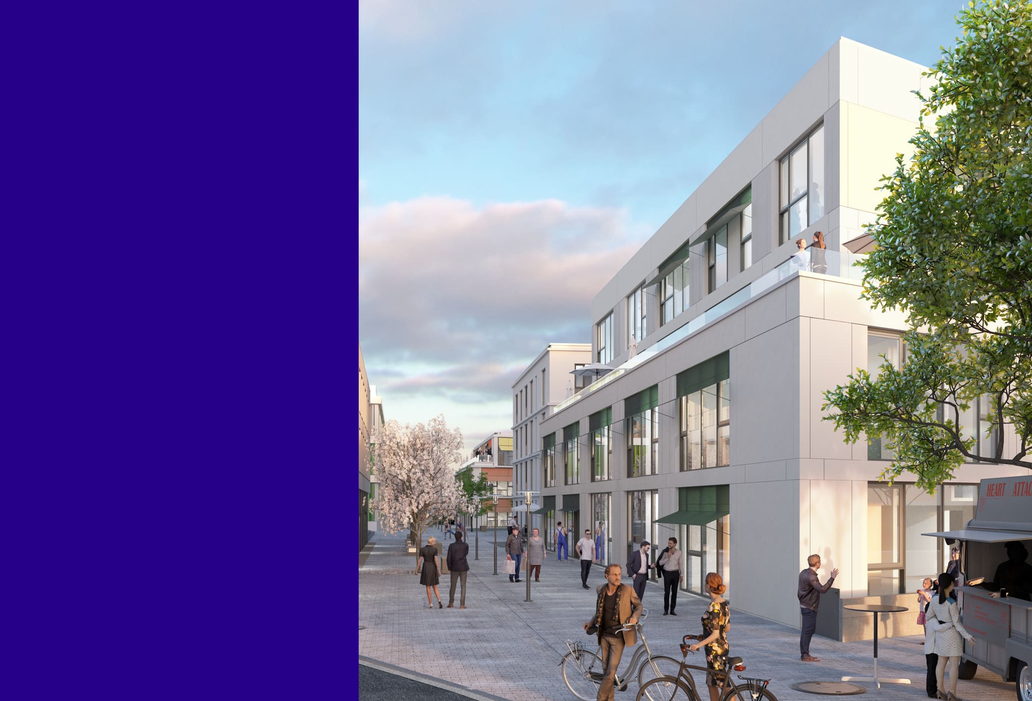 Evening visualisation of a pedestrian street with pale new building, green window reveals, roof terrace, blossoming tree, violet field left