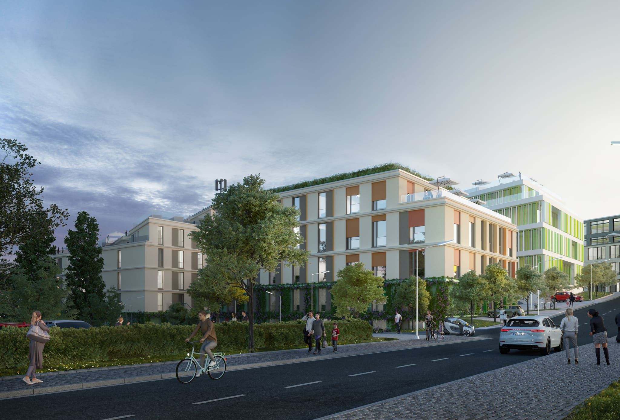 Visualisation of a street with multi-storey new buildings in yellow, orange and green, green roofs, solar panels and cyclist