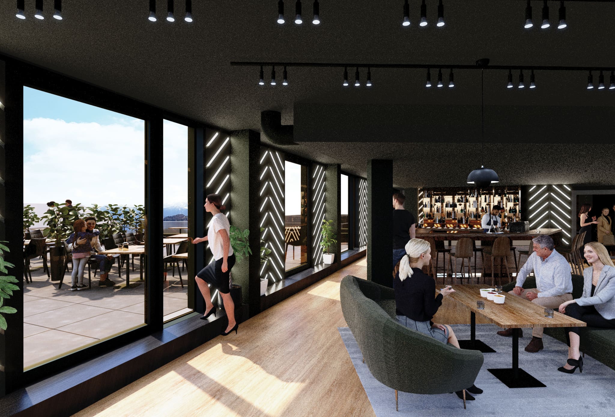 Visualisation of a restaurant with dark ceiling, timber floor, bar, seating and full-height glazing onto terrace, lake and mountains